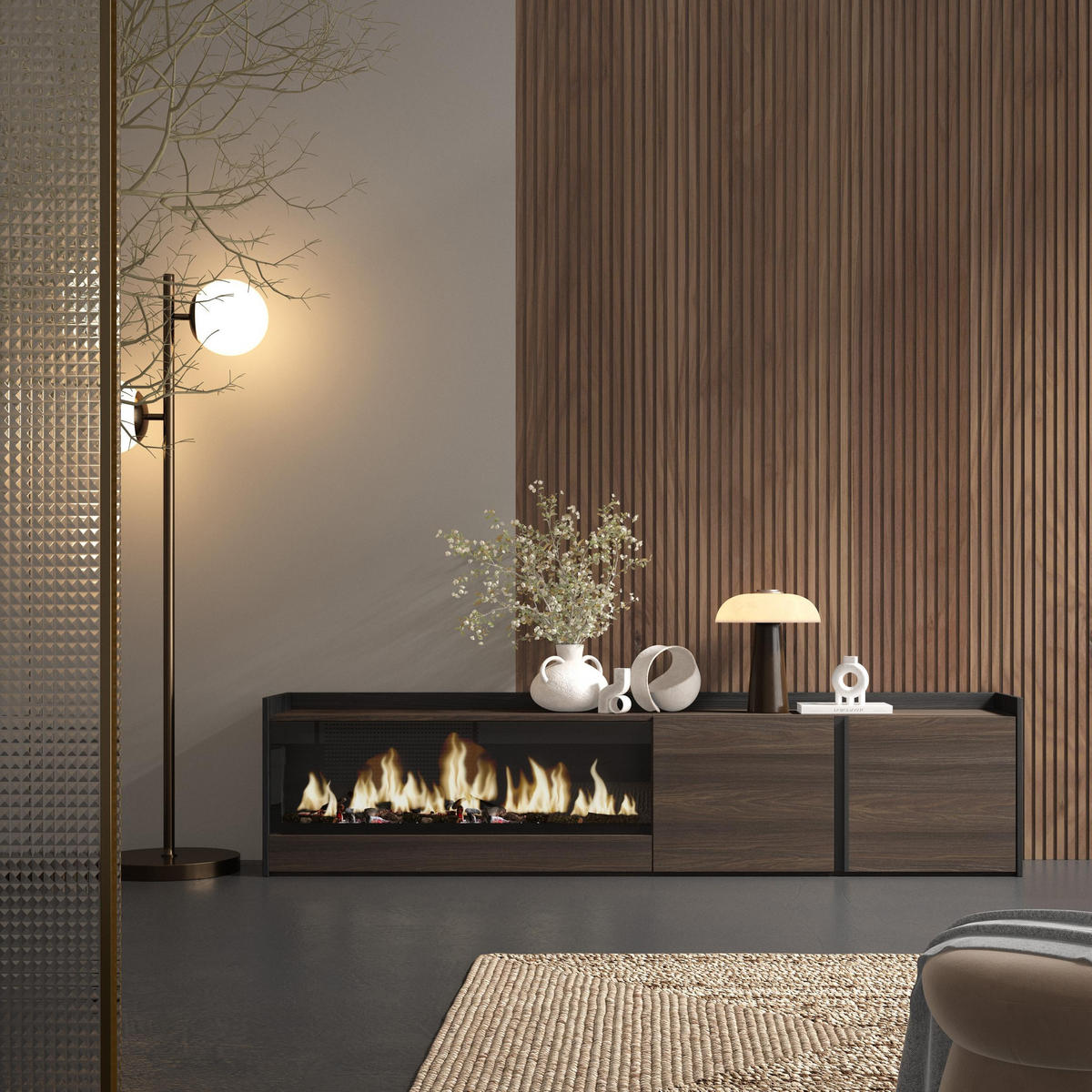 LOWBOARD, Dunkler Eiche und Schwarz, 212/35/50cm, Kamin mit Feuereffekt XXL - Dunkelbraun, Holzwerkstoff (212/50/35cm) - Skraut Home