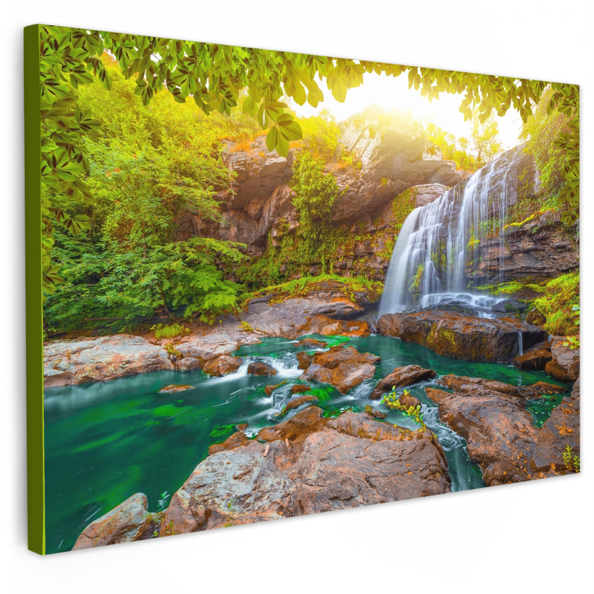 LEINWANDBILD Natur - Wasserfall - Pflanzen - Bäume - Sonne XXL 150x100 cm - Olivgrün, Textil (150/100cm) - MuchoWow