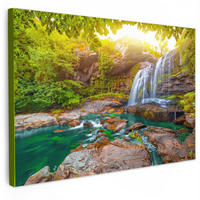 LEINWANDBILD Natur - Wasserfall - Pflanzen - Bäume - Sonne 30x20 cm - Olivgrün, Textil (30/20cm) - MuchoWow