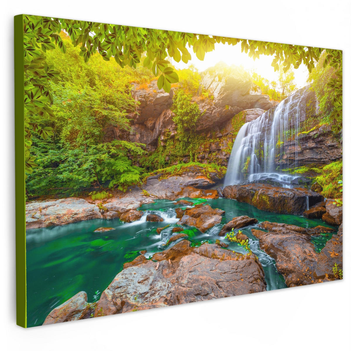 LEINWANDBILD Natur - Wasserfall - Pflanzen - Bäume - Sonne 30x20 cm - Olivgrün, Textil (30/20cm) - MuchoWow