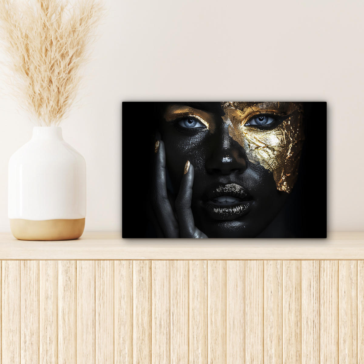 LEINWANDBILD Frau - Gold - Porträt - Schwarz-Weiß - Luxus Deko Schlafzimmer 30x20 cm - Hellblau, Textil (30/20cm) - MuchoWow