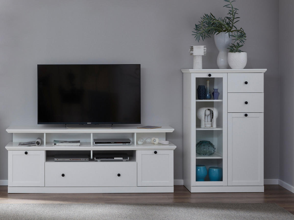 WOHNWAND weiß Set 3-teilig 273 cm, Wohnzimmer Schränke im landhaus-Stil - Silberfarben/Weiß, Glas/Holzwerkstoff (273/180/41cm) - Top.Furn