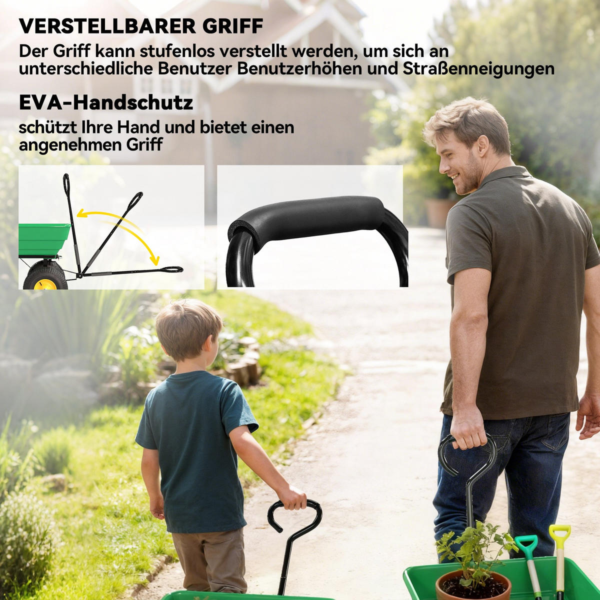 GARTENWAGEN mit Kippfunktion bis 200 kg Handwagen mit 75 Liter Kunststoffwanne - Dunkelgrün, Metall (52/94/109cm) - Outsunny