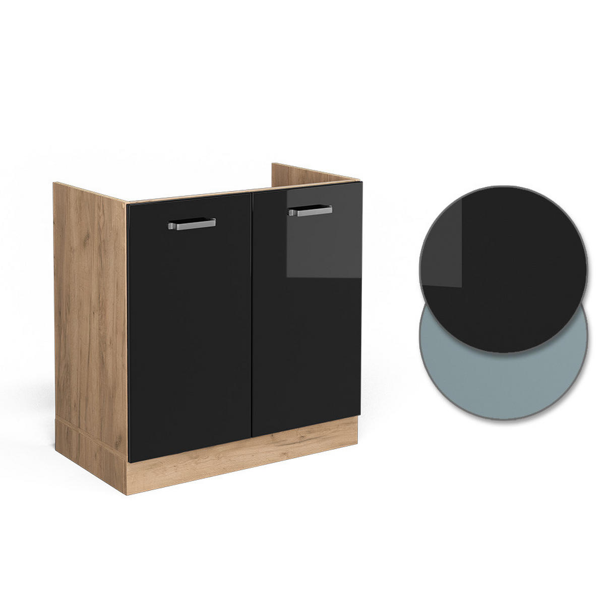 SPÜLENUNTERSCHRANK R-Line Schwarz Hochglanz 80 cm, AP Eiche - Schwarz Hochglanz/Eiche Wotan, Holzwerkstoff (80/81.6/60cm) - Vicco