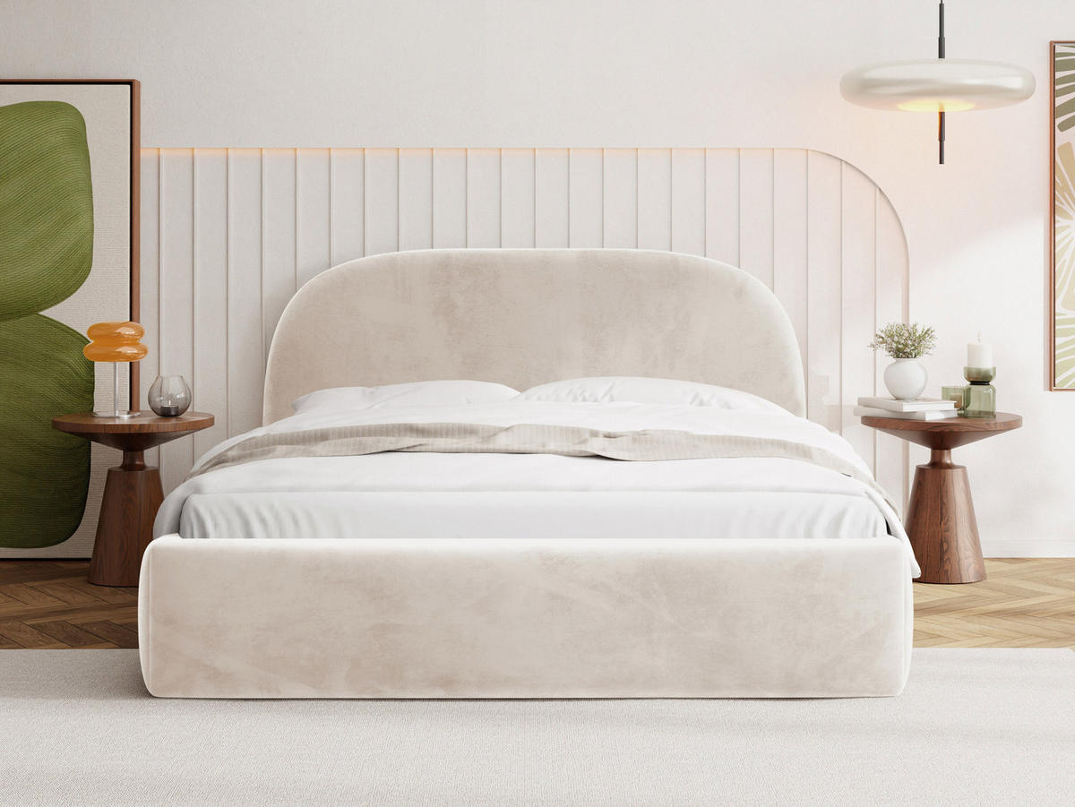 POLSTERBETT Puro mit Bettkasten, Beige Samt 120 x 200 cm – mit Metall-Lattenrost - Ecru/Beige, Kunststoff/Textil (120/200cm) - WFL GROUP
