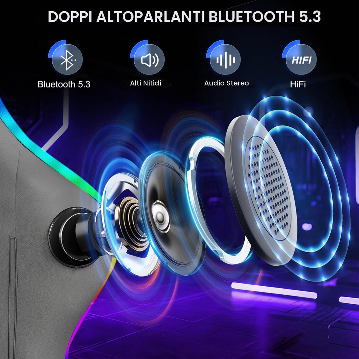 GAMINGSTUHL G01 mit RGB Beleuchtung Bluetooth Lautsprechern Kunstleder Grau - Grau, Metall (62/131/56cm) - Rattantree