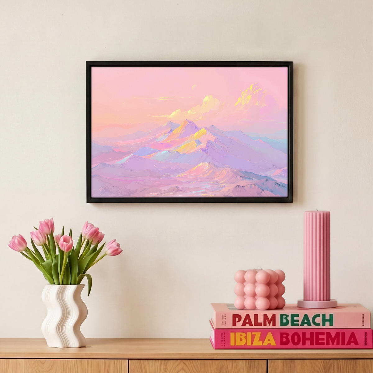 LEINWAND Bilder mit Rahmen - Berggipfel - Wolken - Verträumt - 30x20 - Hellrosa, Textil (30/20cm) - MuchoWow