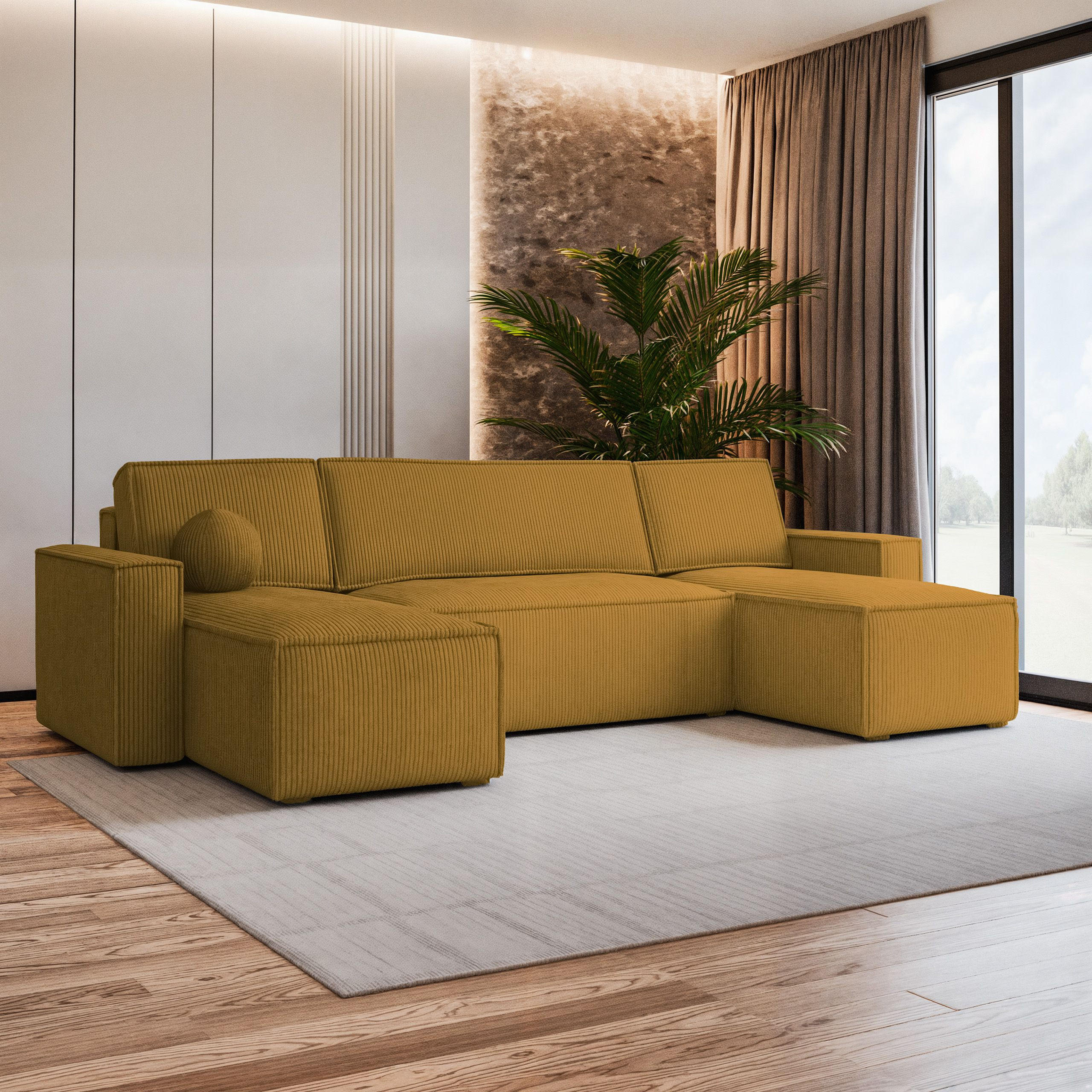 WOHNLANDSCHAFT PESANO P Gelb Kordstoff mit Schlaffunktion - Gelb, Holz (306/85/140cm) - MASSENO