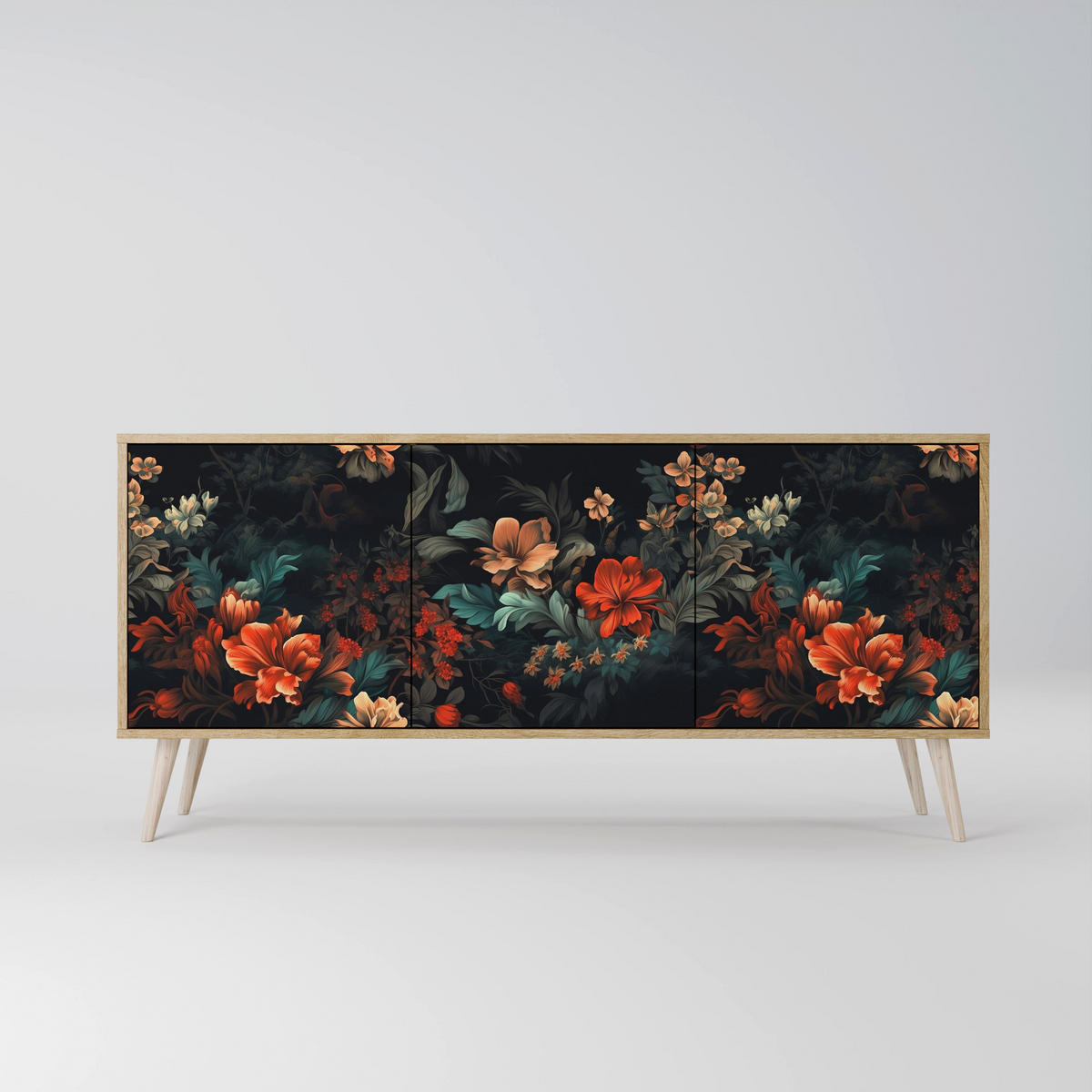 SIDEBOARD IMAGINARY BLOSSOM, Eicheneffekt, 164,5x42x77,5 cm, 3 Türen - Eichefarben/Buchefarben, Holzwerkstoff/Buchenholz (164.5/77.5/42cm) - SpaceRebels