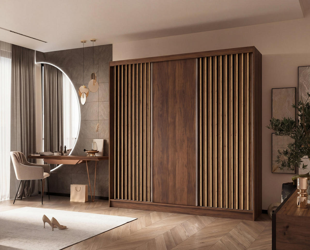 SCHWEBETÜRENSCHRANK LAMELLO 240/216/61 cm Modern Kleiderschrank 3-türig Nussbaumfarben - Nussbaumfarben, Holzwerkstoff (240/216/61cm) - MASSENO