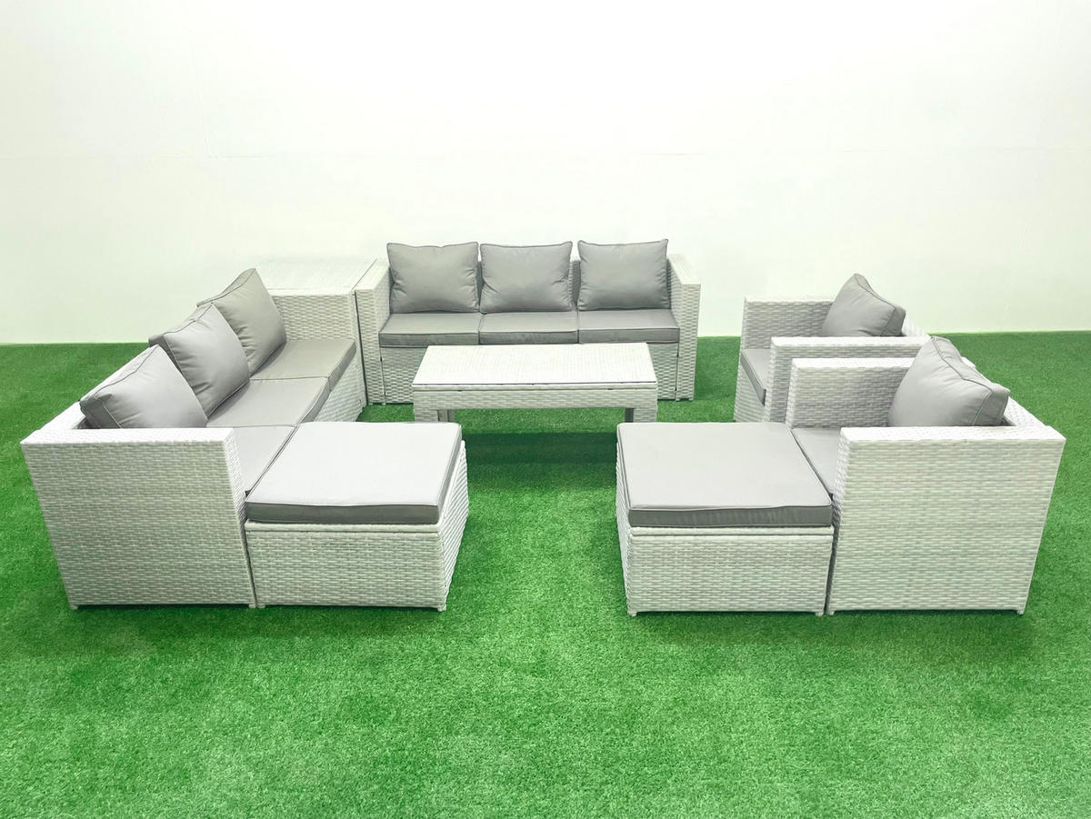GARTENSOFA hohe Rückenlehne Polyrattan Hellgrau-Mix 10-Sitzer - Hellgrau/Grau, Glas/Kunststoff - Fimous