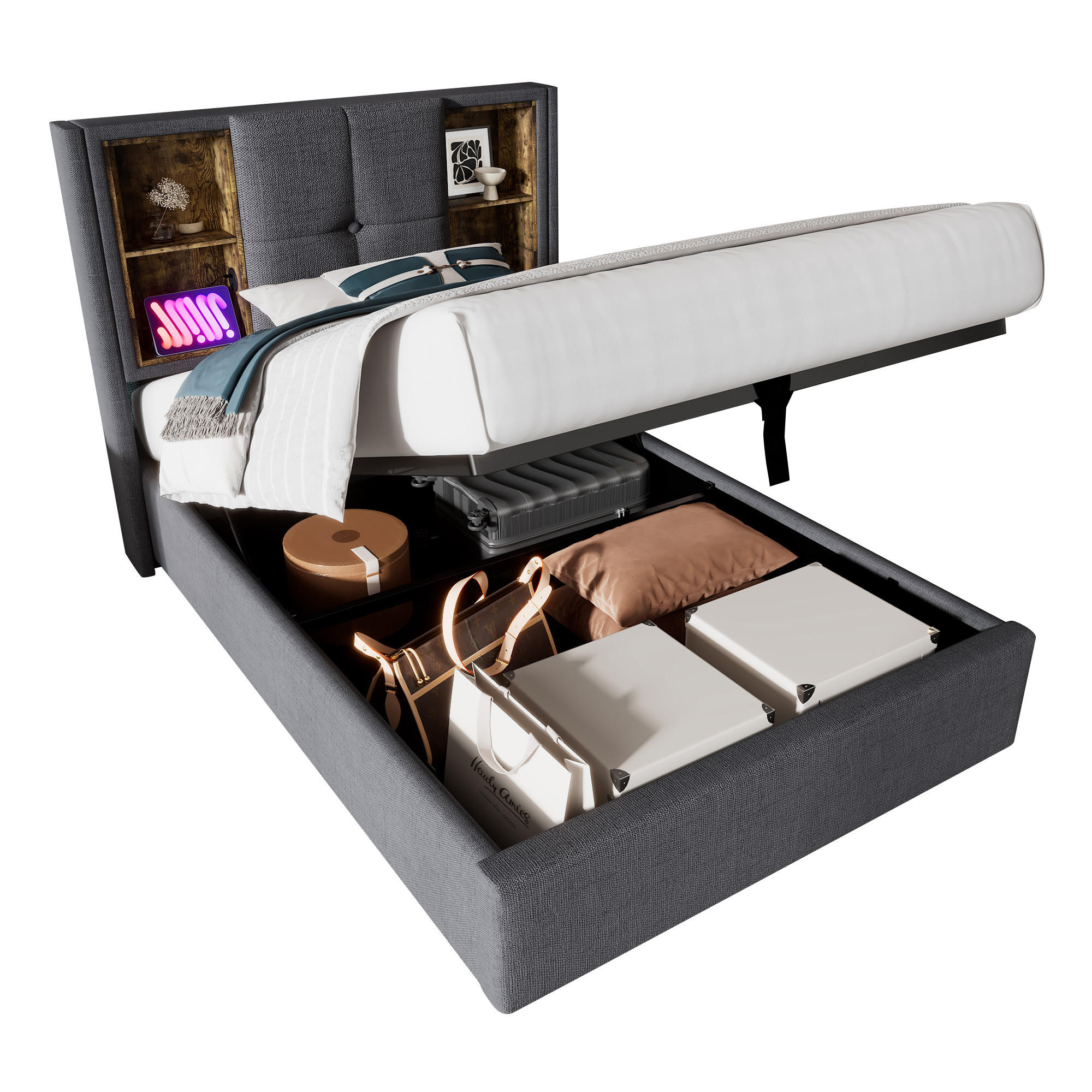 POLSTERBETT 90/200 cm Grau mit kabellosem Laden und USB-Anschlüssen - Grau, Textil (90/200cm) - OKWISH