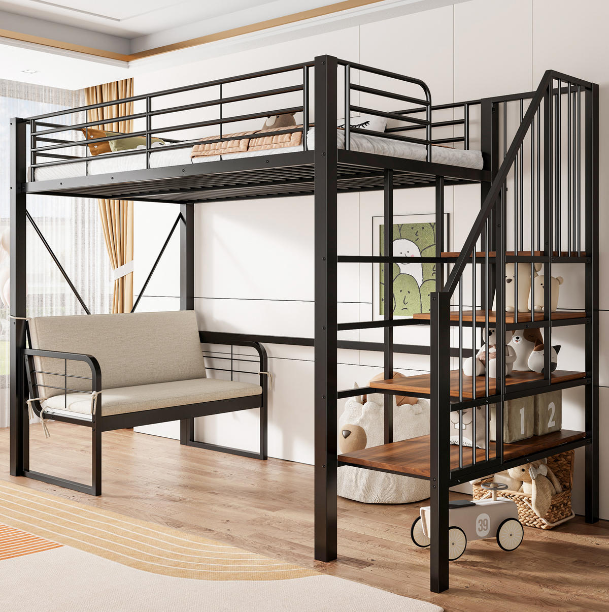 ETAGENBETT 90/200 cm, Schwarz mit Stauraumleiter und Polstersofa - Schwarz, Metall (90/200cm) - MIVRAY