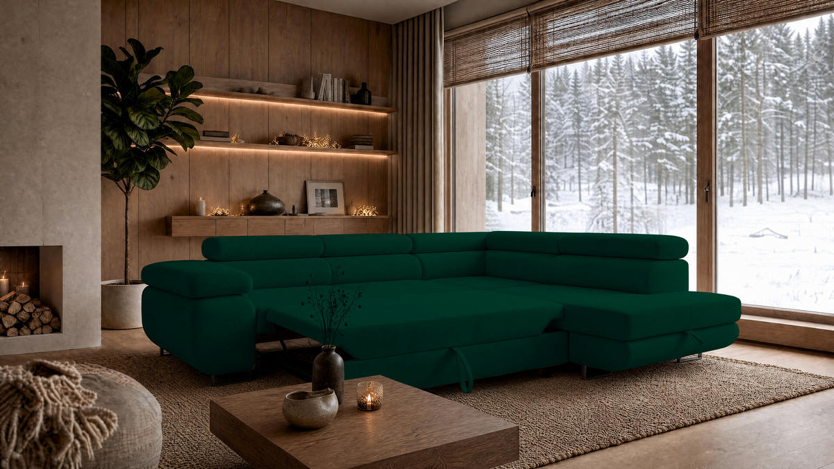 ECKSOFA Velmo mit Bettkasten und Schlaffunktion, verstellbaren Kopfstützen, in L-Form - Dunkelgrün, Textil (275/203cm)