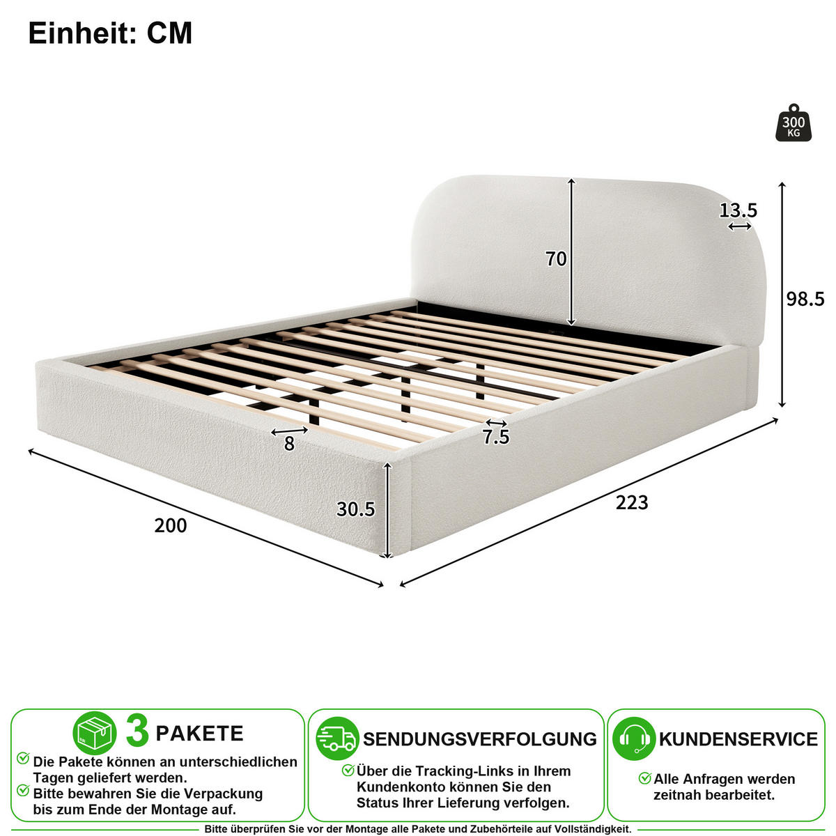 POLSTERBETT 180/200 cm in Beige Bouclé mit Lattenrost und Gepolstertem Kopfteil - Beige, Holzwerkstoff/Textil (180/200cm) - CHICFURN
