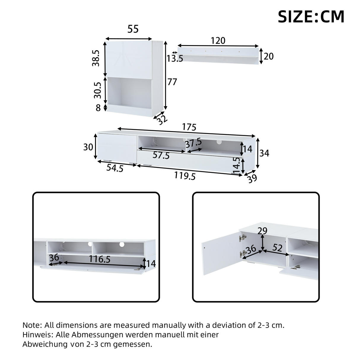 TV-WOHNWAND-SET 175/39/34 cm aus Spanplatte mit LED-Beleuchtung und Hochglanzfronten Weiß - Weiß, Holzwerkstoff (175/34/39cm) - Modenvie