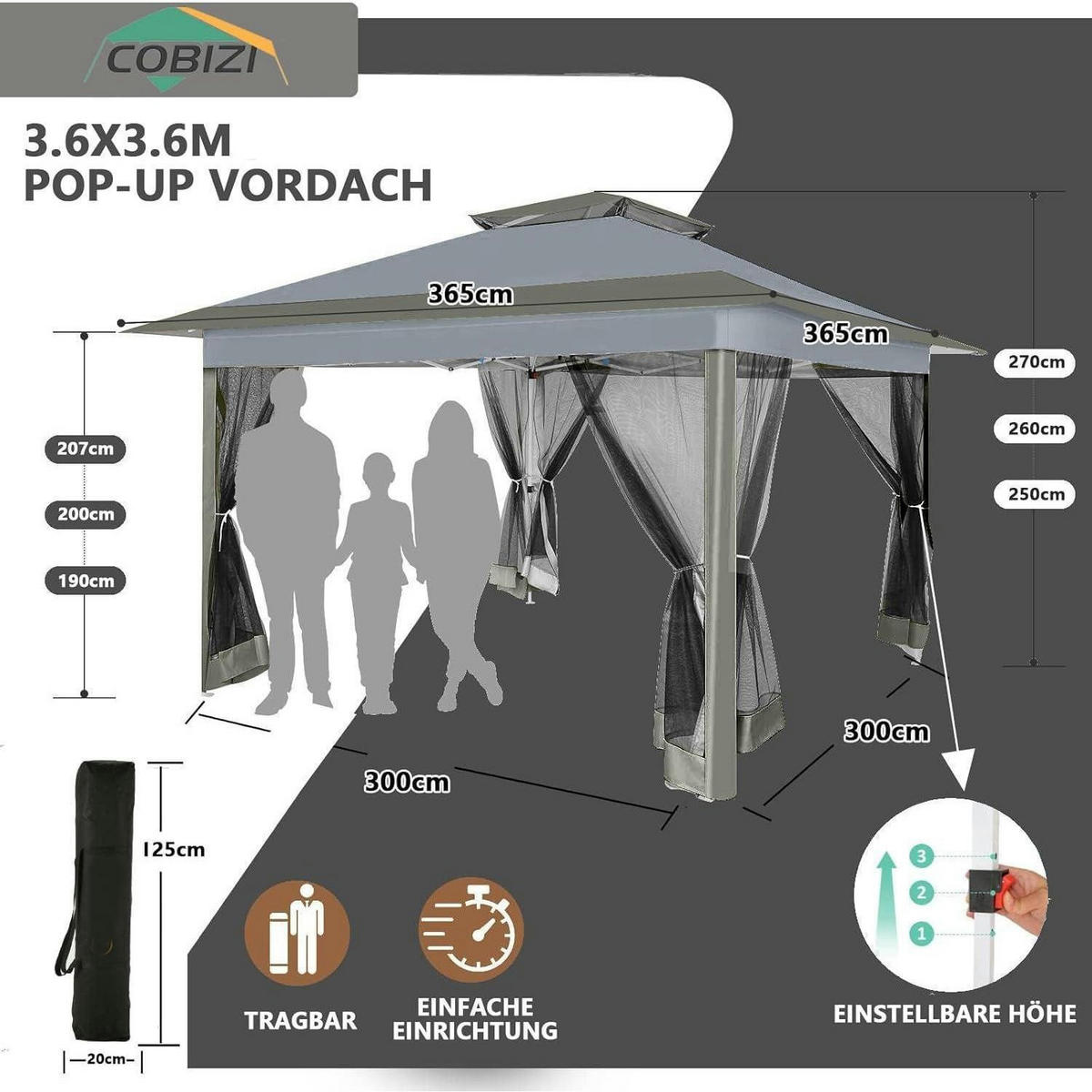 PAVILLON 3 x 3 m Dunkelgrau Wasserdicht mit Moskitonetz - Grau, Textil (365/270/365cm)