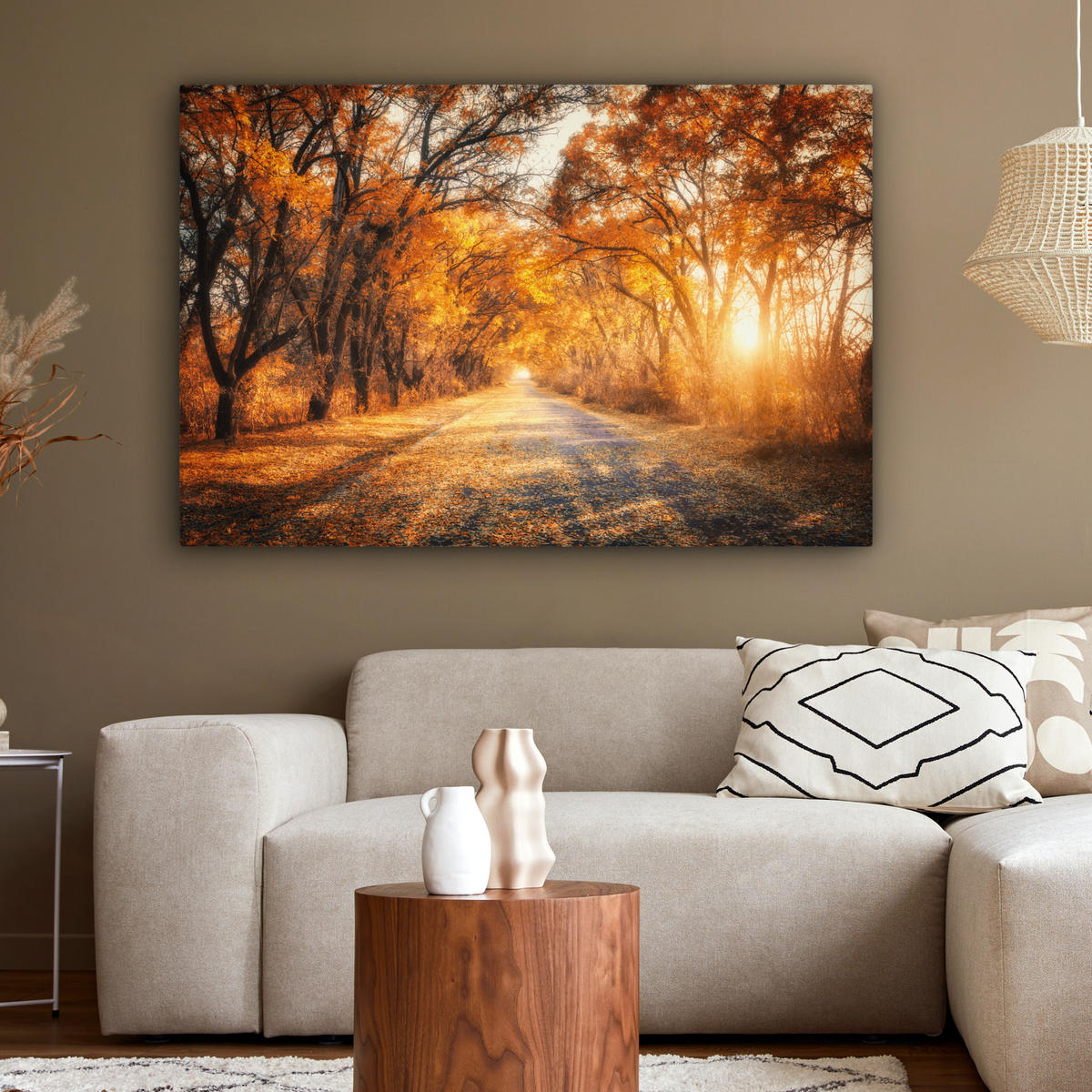 LEINWANDBILD Wald - Herbst - Bäume - Waldweg - Natur Groß 140x90 cm - Bernsteinfarben, Textil (140/90cm) - MuchoWow
