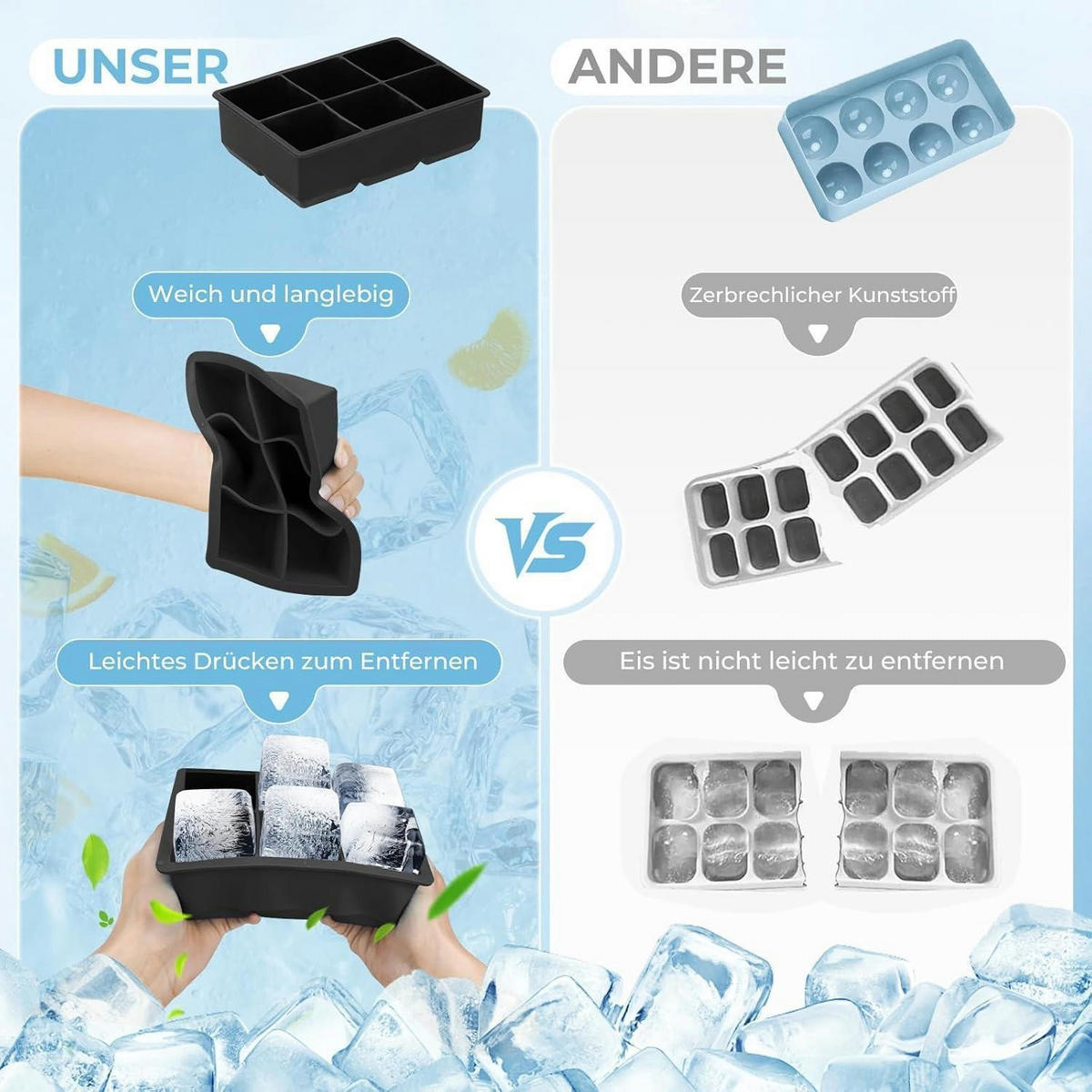 EISWÜRFELFORM Silikon 2er Pack 6-Fach Schwarz - Schwarz, Kunststoff (2/2/2cm)