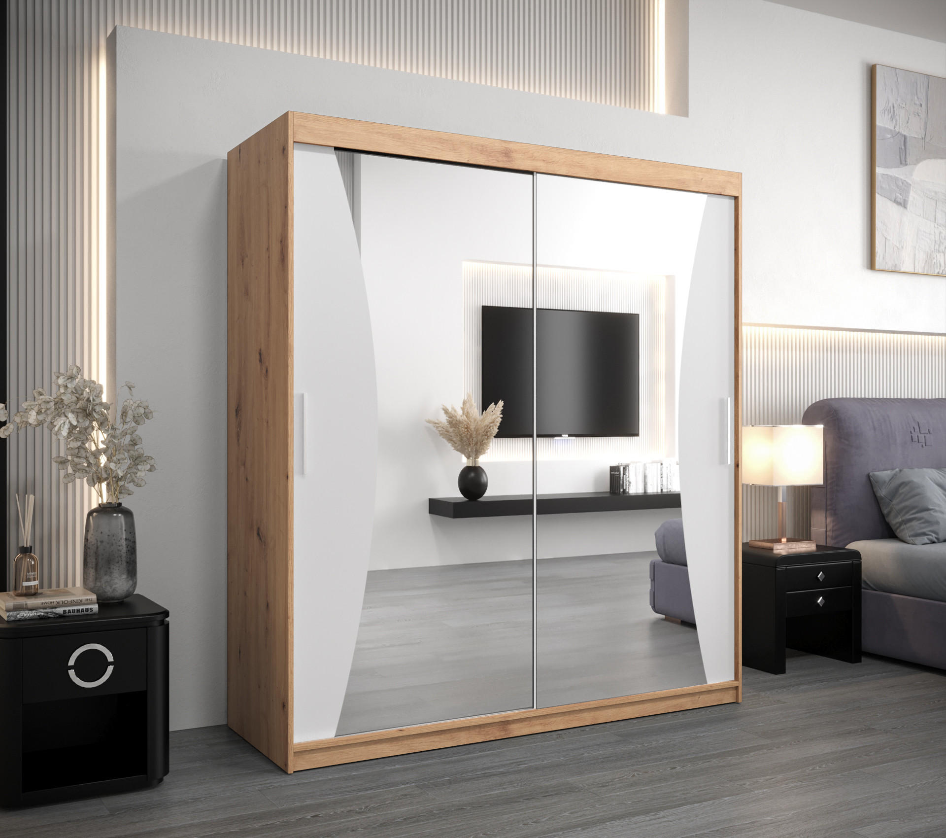 SCHWEBETÜRENSCHRANK 200/180/62 2-türig - Silberfarben/Weiß, Holz/Kunststoff (180/200/62cm) - Abiks Möbel
