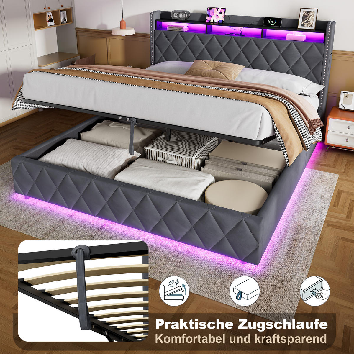 POLSTERBETT 180/200 cm Dunkelgrau mit LED-Beleuchtung & USB-Ladefunktion - Dunkelgrau, Textil (180/200cm) - Flora Grace