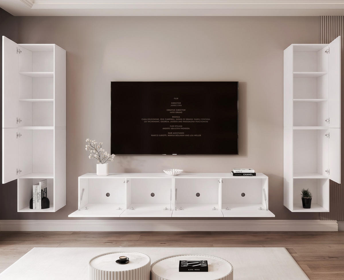 WOHNWAND ANGEL LINE II 3-teilig, mit LED-Beleuchtung, Weiß matt - Weiß, Holzwerkstoff (280/180/40cm) - Idohome