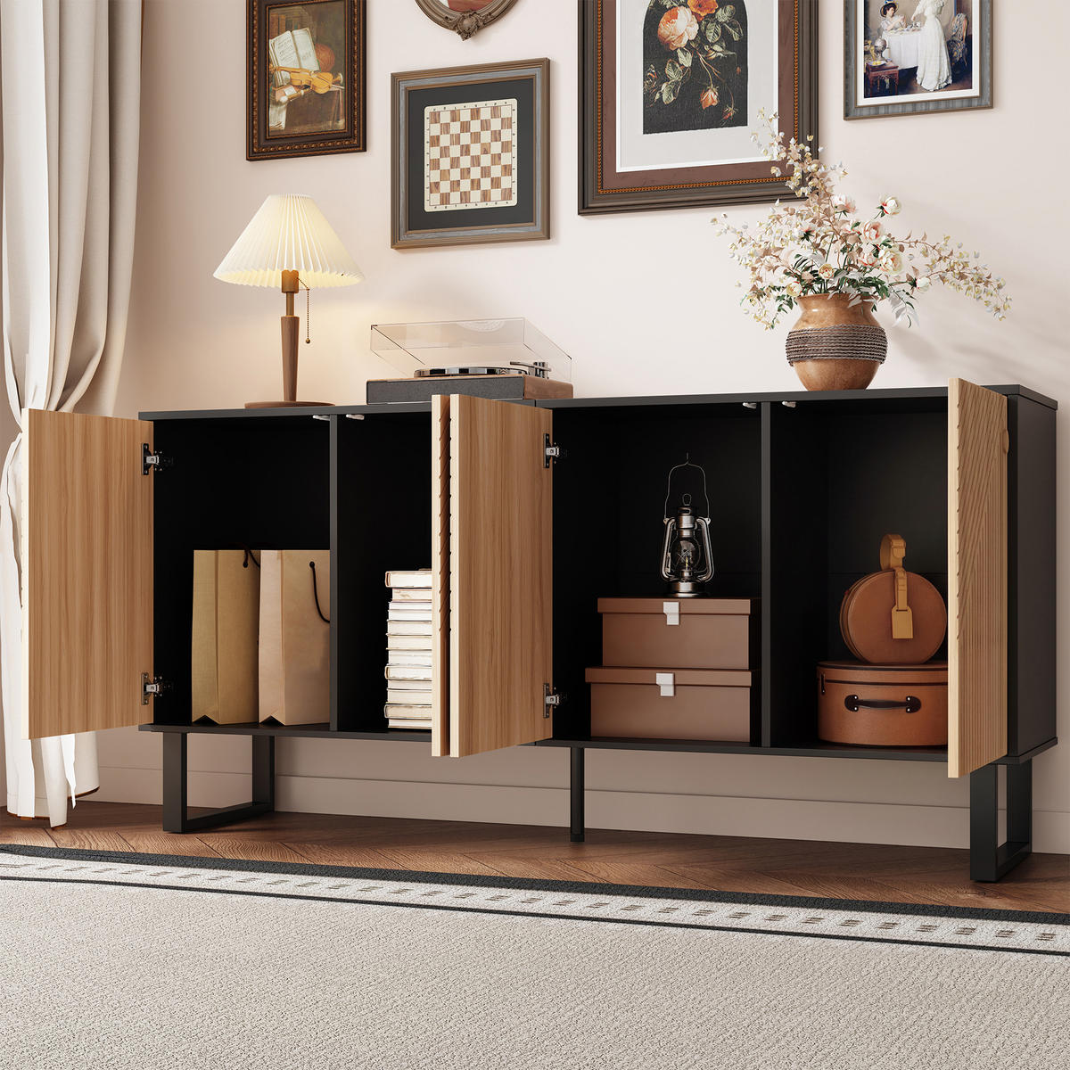 SIDEBOARD DE-37504 160/38/75 cm mit 3D-Streifenfront Natur/Schwarz - Schwarz/Naturfarben, Holzwerkstoff (160/75/38cm) - ComfortXL
