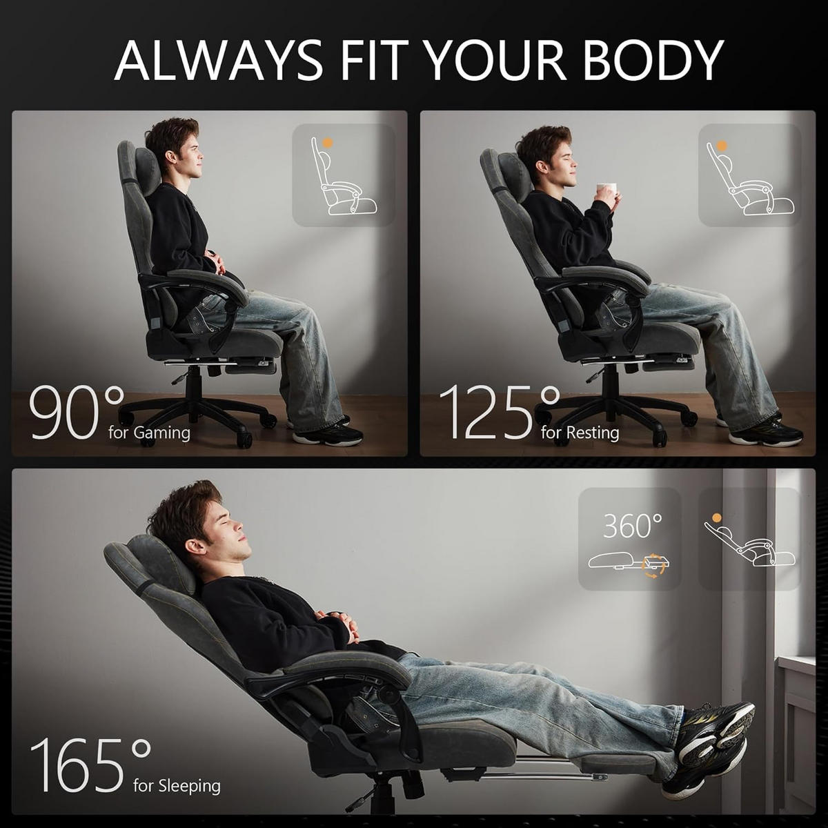 GAMING-STUHL & hoher Rückenlehne, Massagefunktion PU-Leder - Grau, Leder (61/117/61cm)