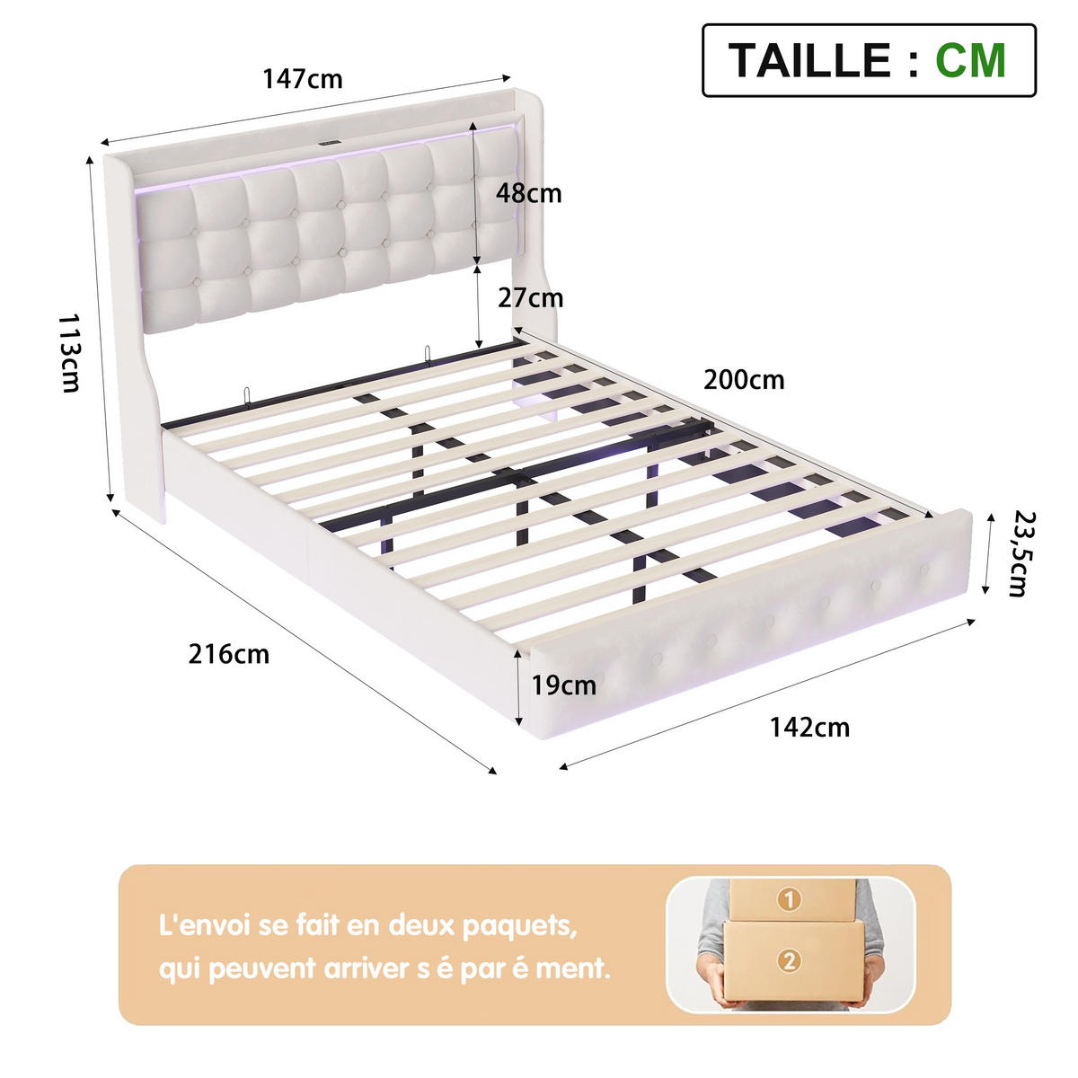 POLSTERBETT 140x200 cm - Polsterbettgestell mit LED-Kopfteil, USB-Anschlüssen und Lattenrost, Erwachsenen- und Jugendbett - Beige - Beige, Holzwerkstoff (140/200cm) - Brevoria