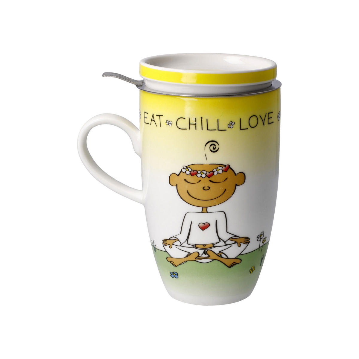 TEETASSE Der kleine Yogi - Eat Chill Love, Fine Bone China, Bunt, 450 ml - Multicolor, Keramik (0.45L) - Goebel