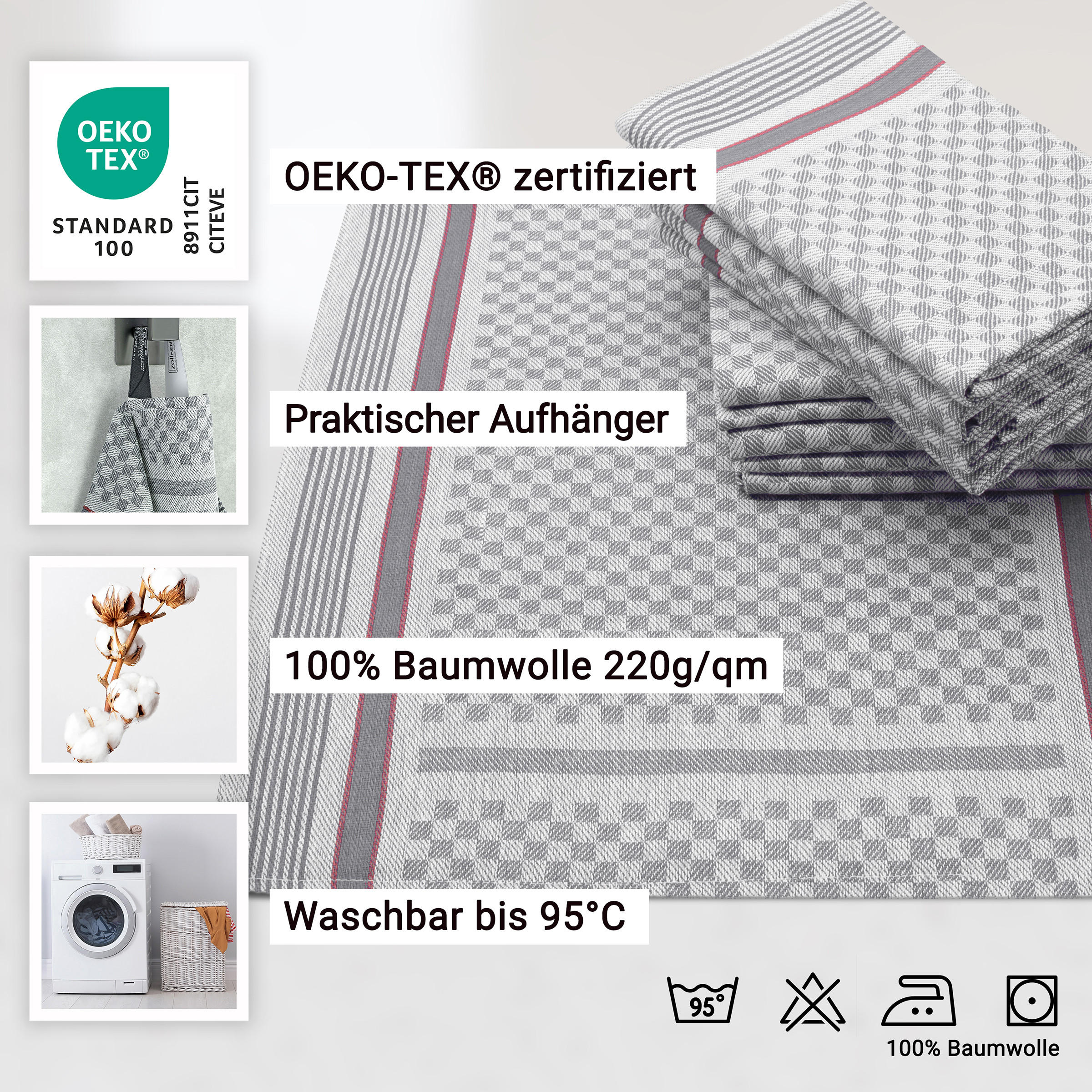 GESCHIRRTÜCHER, 10er-Set, 50x100 cm, 100% Baumwolle, Grau - Grau, Textil (50/100cm) - Zollner