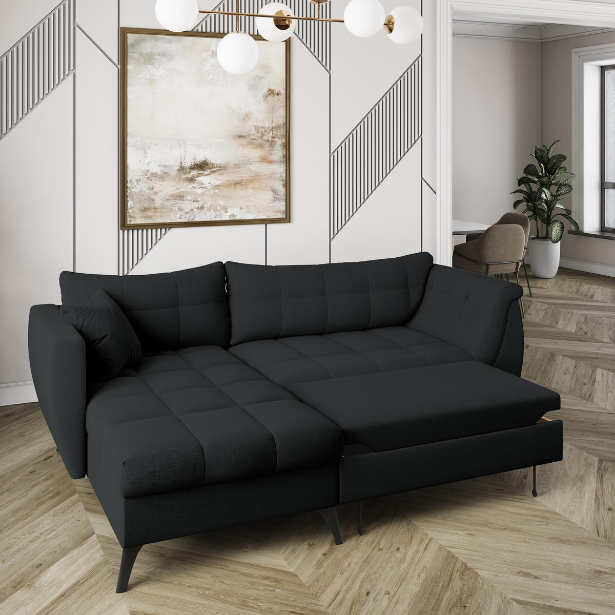ECKSOFA MOLLIS Schwarz Geflochtener-Stoff mit Schlaffunktion - Schwarz, Holz (241/154cm) - MASSENO
