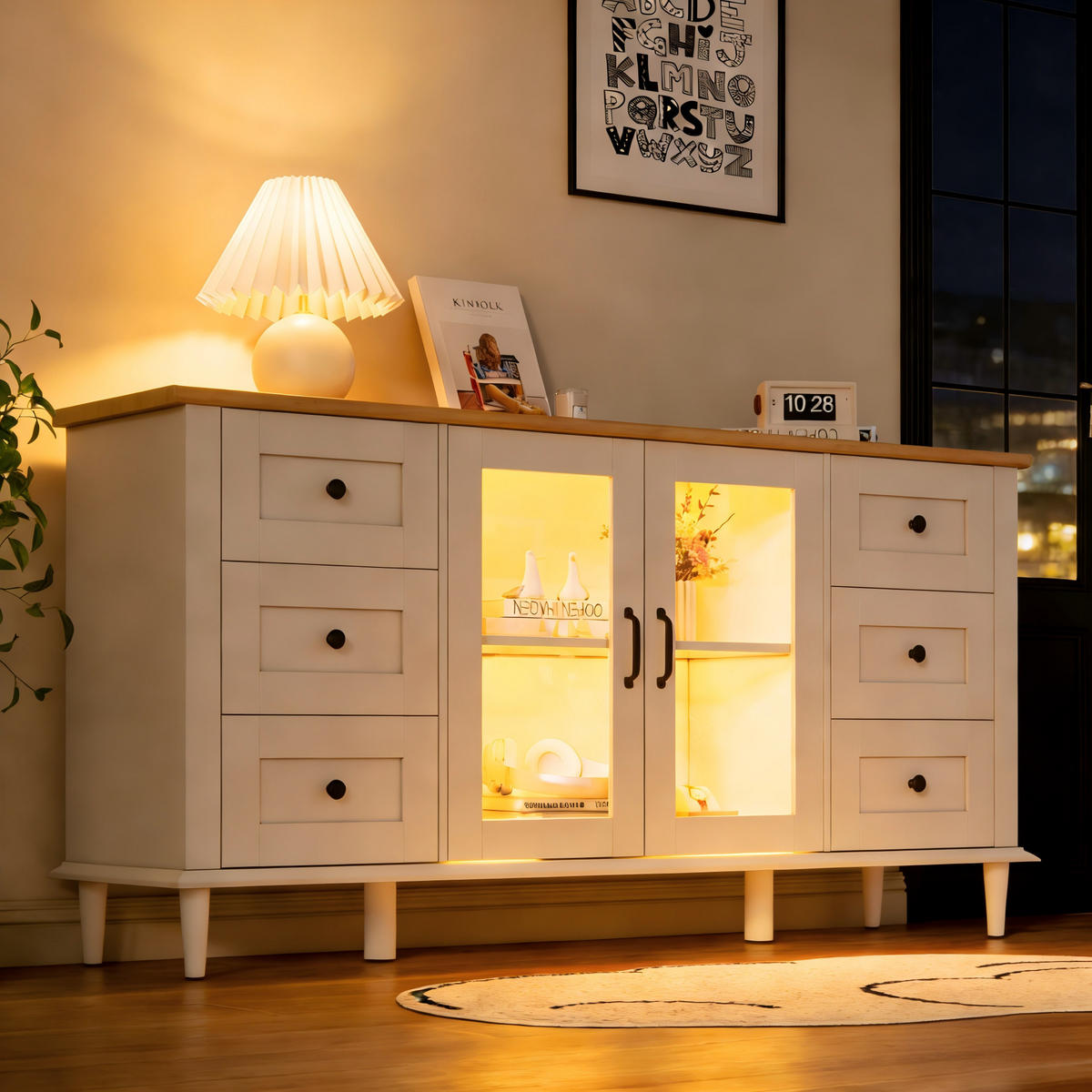 SIDEBOARD LED Weiß Holz 2 Türen 6 Schubladen 150x40x75cm Acryl - Weiß, Holzwerkstoff (40/75/150cm) - FLIEKS