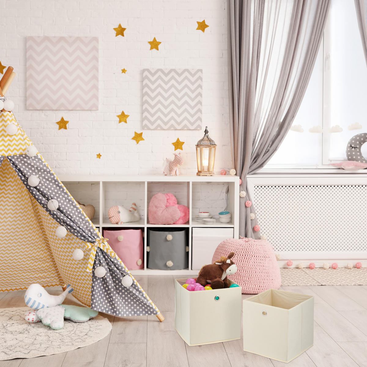 4XAUFBEWAHRUNGSBOX - Creme, Wellpappe/Textil (30/30/30cm) - Relaxdays