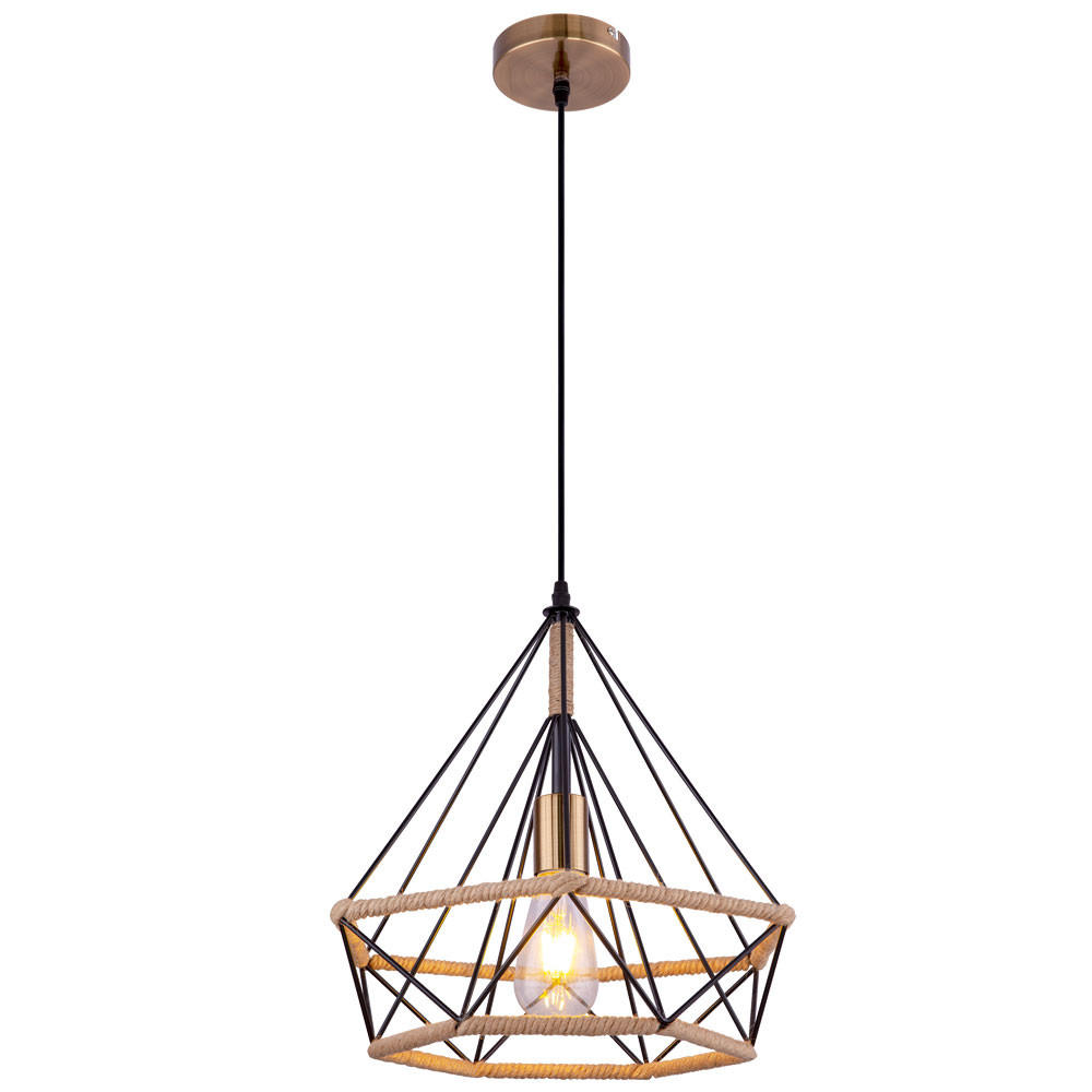 LED Hängeleuchte Hanfseil Braun - Schwarz, Metall (38/38/150cm) - Globo Lighting