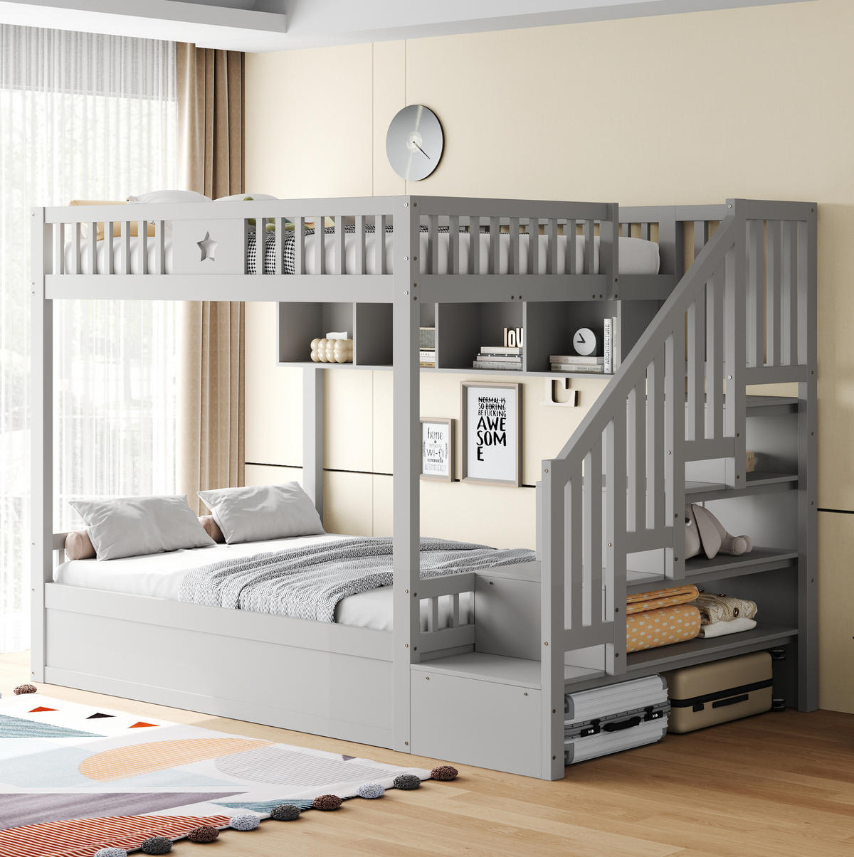 ETAGENBETT 140/200 cm Grau mit Stauraumtreppe und hydraulischem Bettkasten - Grau, Holzwerkstoff (140/200cm) - OKWISH