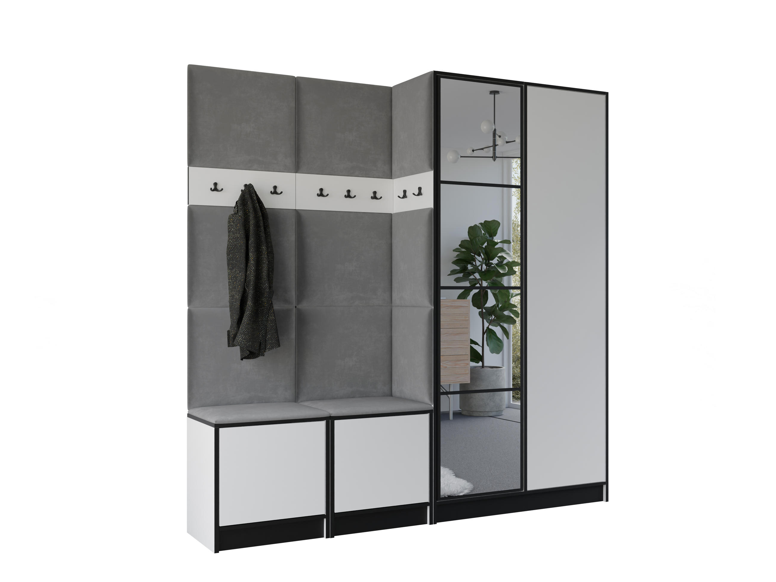 Kier Furniture ŠATNÍ SKŘÍŇ do předsíně EDEN 21 se zrcadlem - Bílá & šedá látka