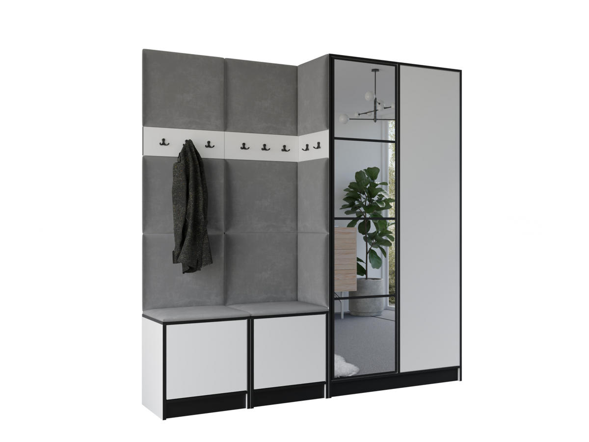 GARDEROBENSCHRANK EDEN 21 mit Spiegel - Weiß & Stoff Grau - Weiß/Grau, Holzwerkstoff (211/205/39cm) - Kier Furniture