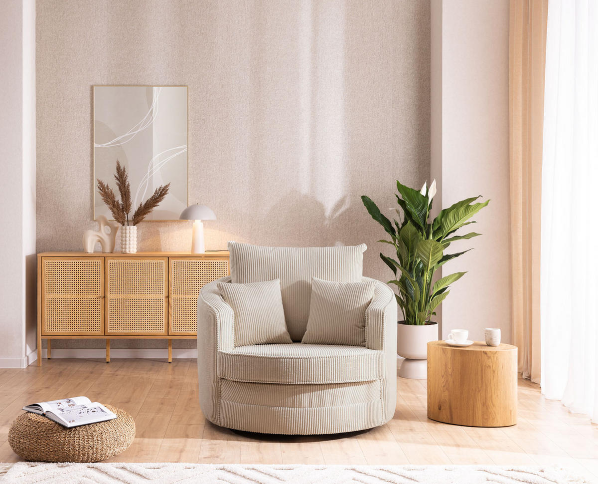 DREHSESSEL Ted aus Beige Cord-Stoff - Beige/Schwarz, Holz/Textil (107/94/100cm) - S-Style Möbel
