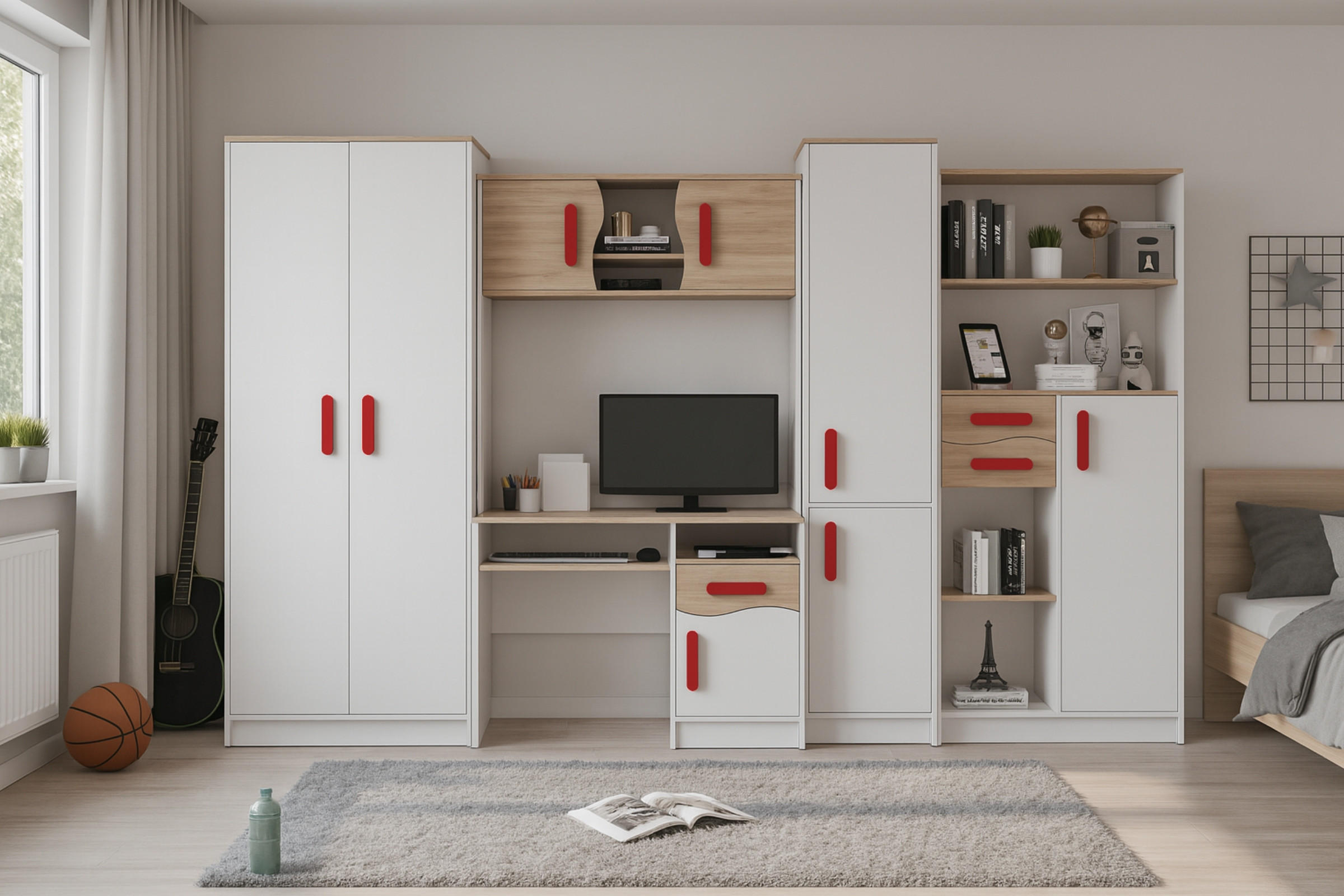 KINDERZIMMER MIKI Korpus Weiß | Griffe Rot - Rot/Weiß, Holz/Holzwerkstoff (300/197/52cm) - Deine Möbel 24