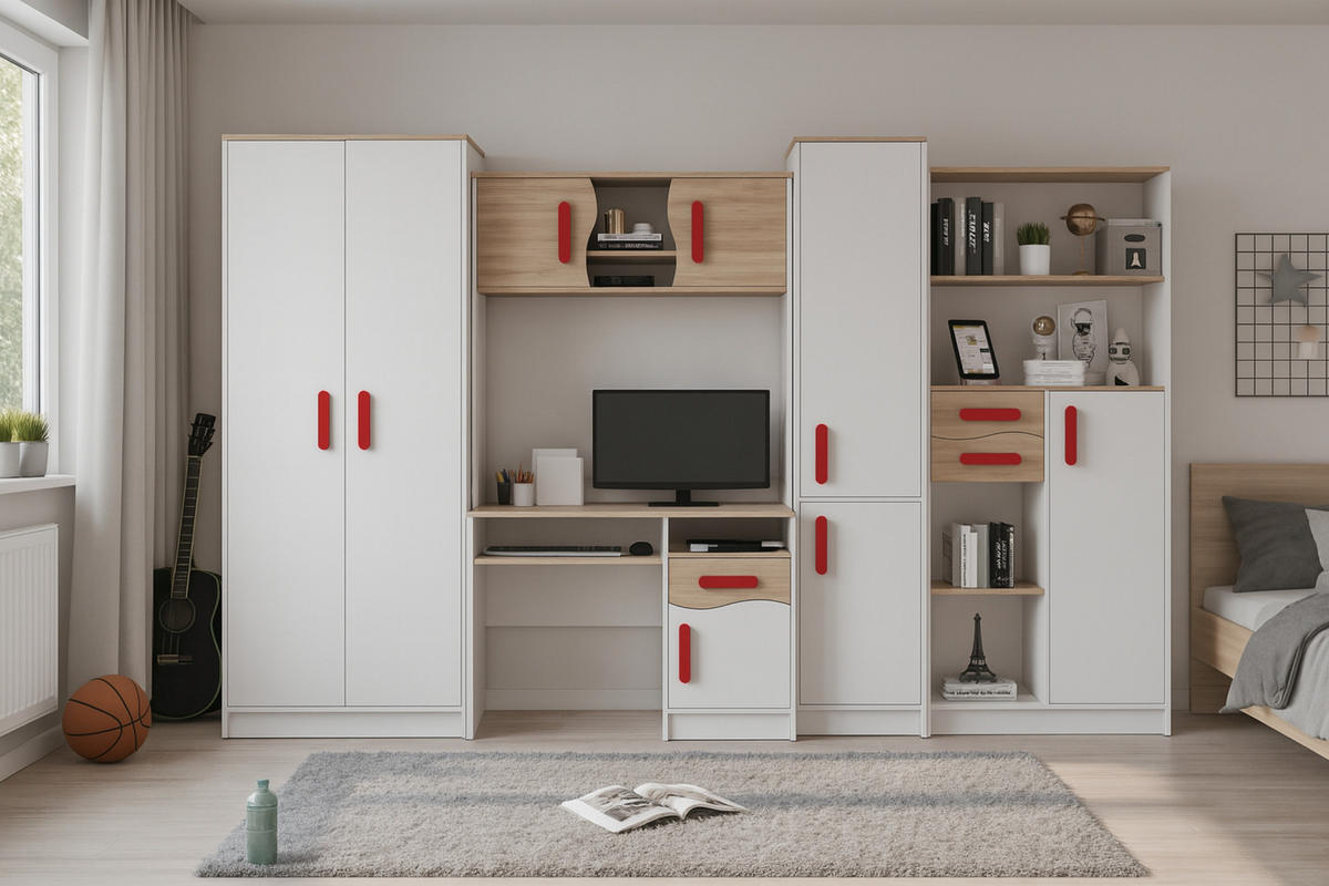 KINDERZIMMER MIKI Korpus Weiß | Griffe Rot - Rot/Weiß, Holz/Holzwerkstoff (300/197/52cm) - Deine Möbel 24