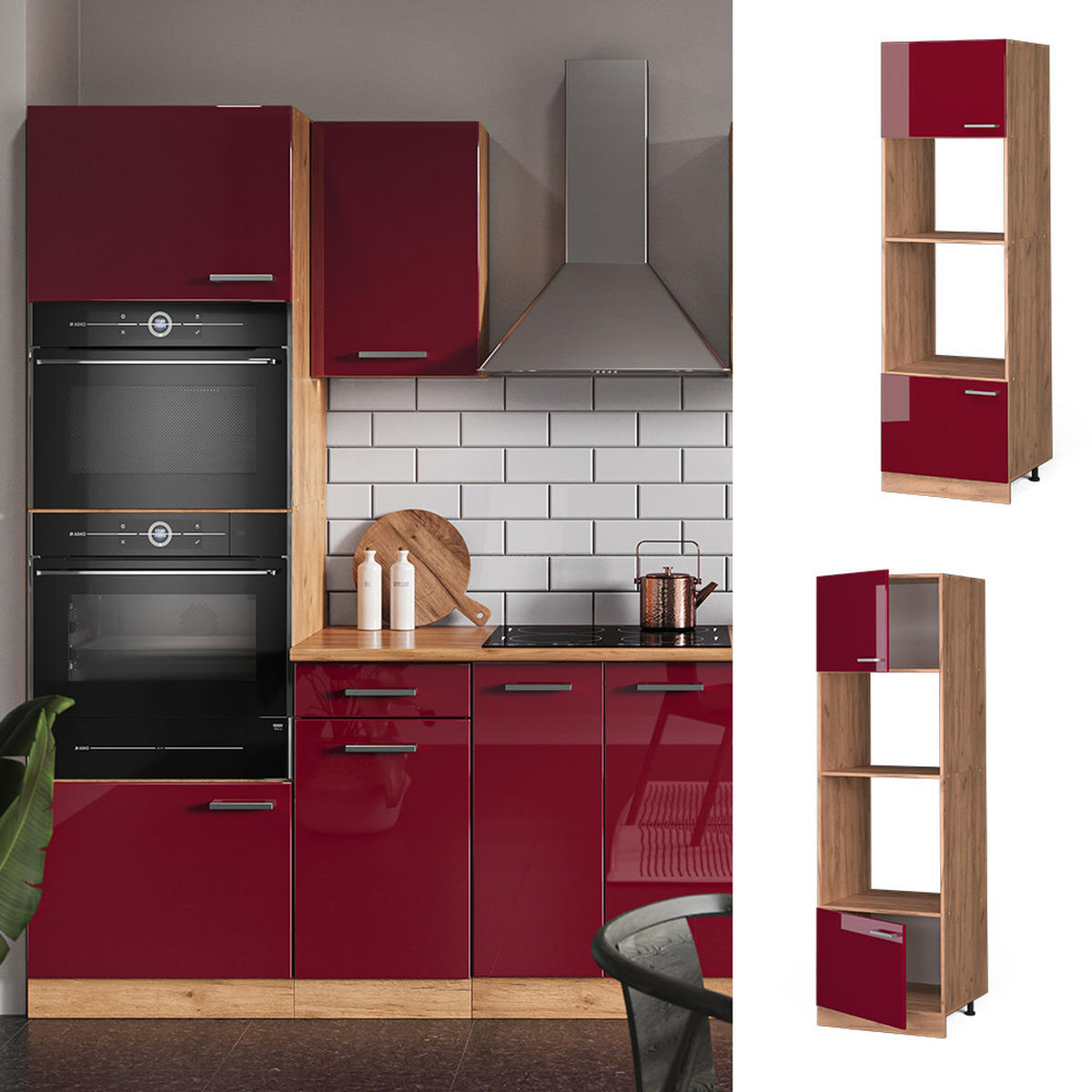 MIKROWELLENSCHRANK R-Line Rot Hochglanz 60 cm - Honigeiche/Bordeaux, Holzwerkstoff (60/206.8/57.2cm) - Vicco