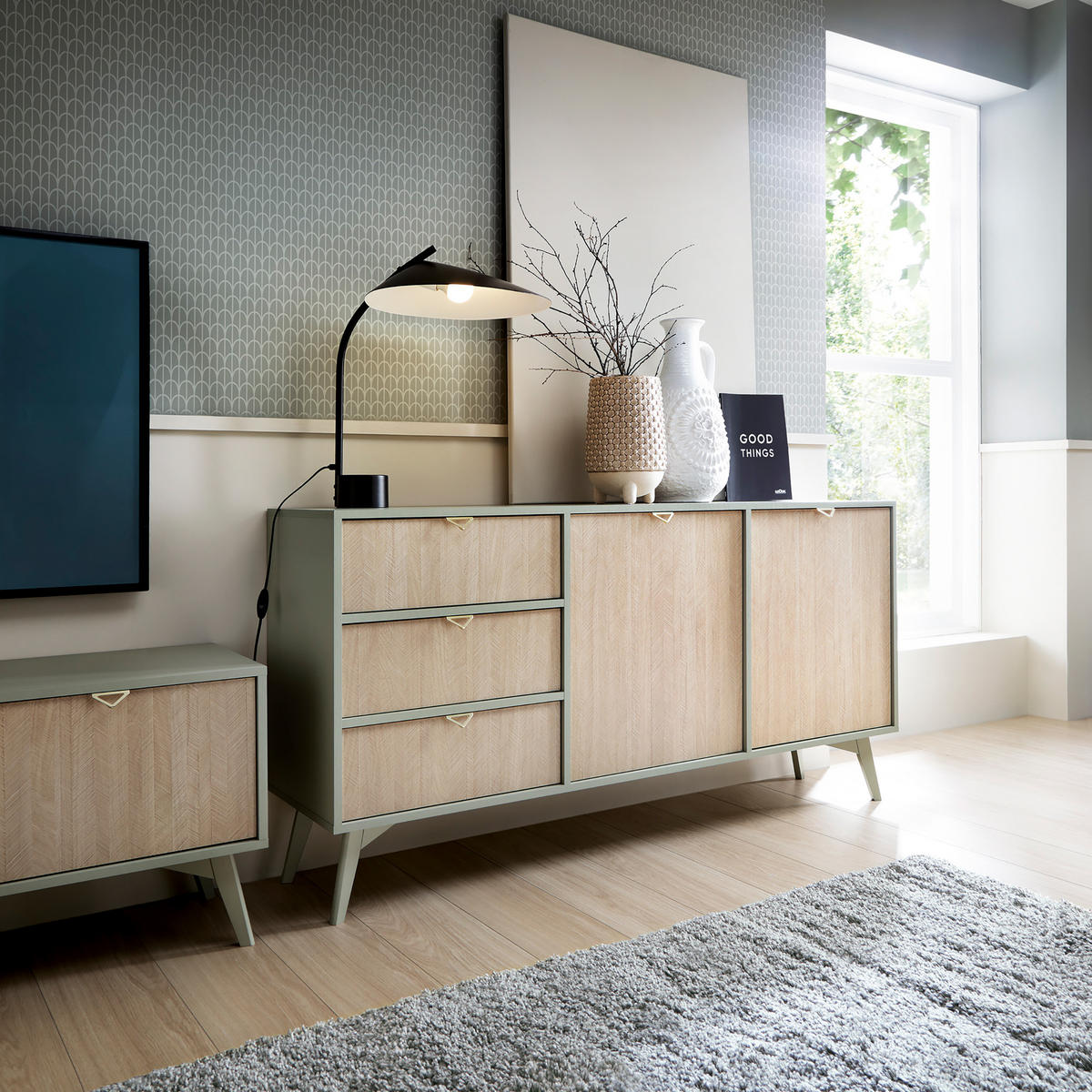 SIDEBOARD FORESTA 158/80/38 cm mit 3 Schubladen 2 Türen Hellgrün - Hellgrün/Kieferfarben, Holzwerkstoff (158/80/38cm) - MASSENO
