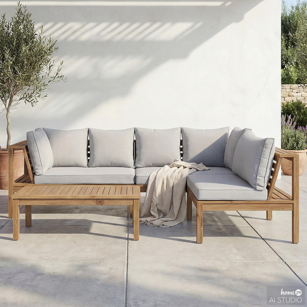 LOUNGESET - 4-teilig - Akazie massiv / Webstoff - Braun / Beige - Hellgrau, Holz/Textil - home24