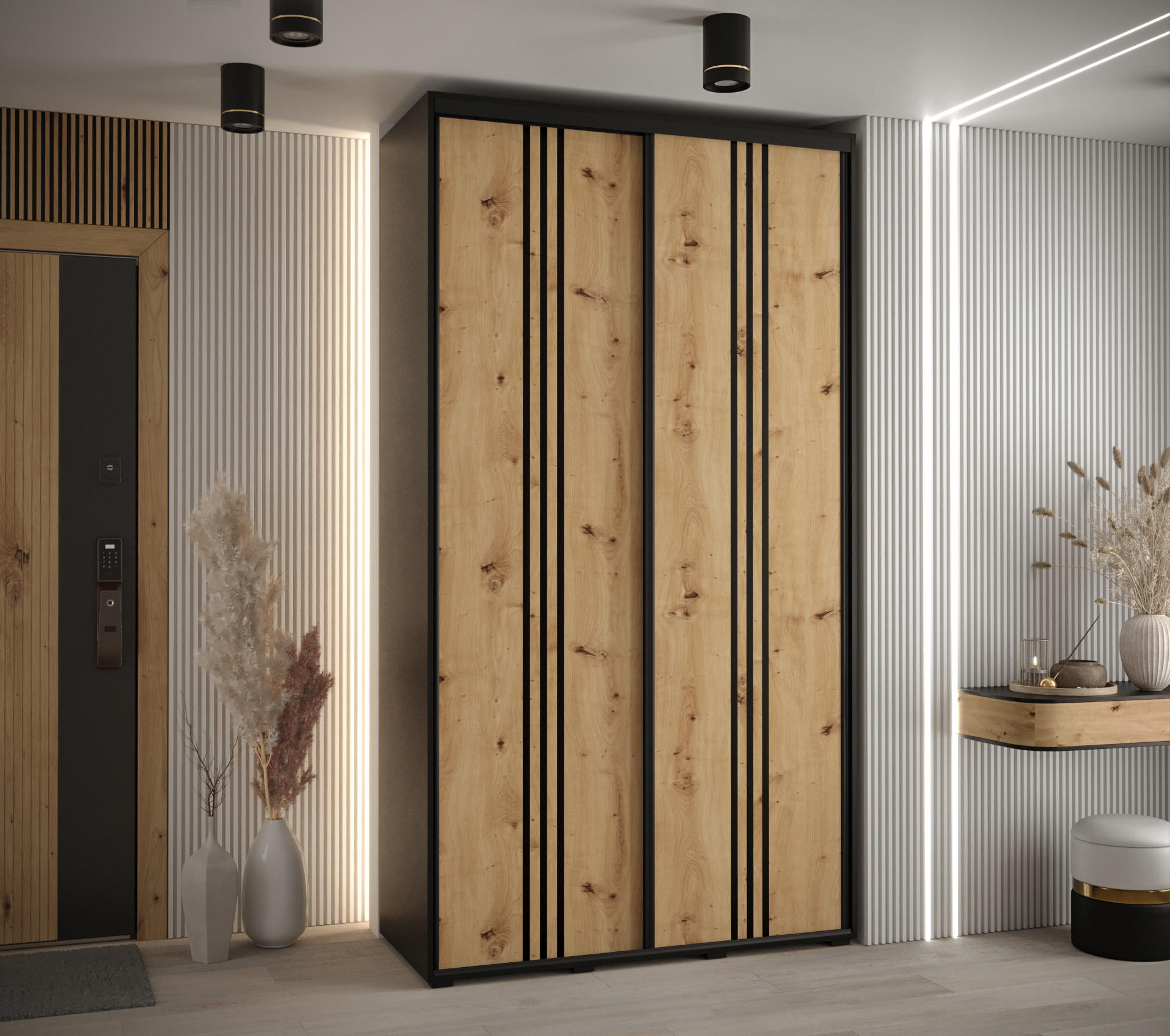 SCHWEBETÜRENSCHRANK 235,2/130/45 2-türig - Schwarz/Eiche Artisan, Holz/Metall (130/235/45cm) - Abiks Möbel