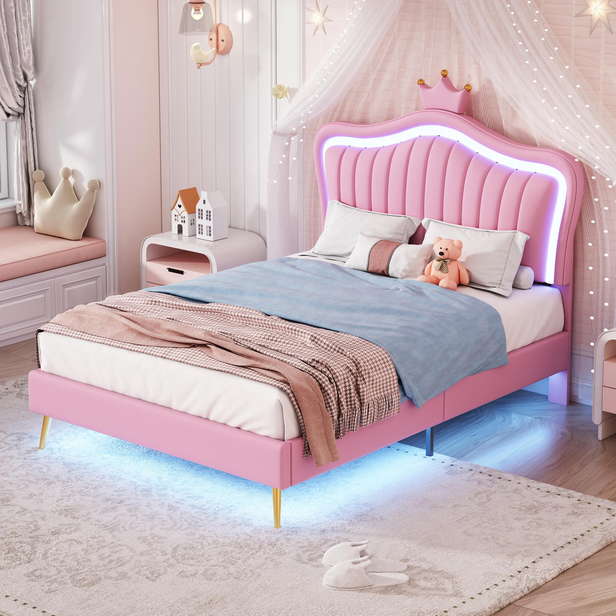 KINDERBETT 90/200 cm Rosa Polsterbett mit LED-Beleuchtung und Kronen-Design - Pink, Textil (90/200cm) - OKWISH