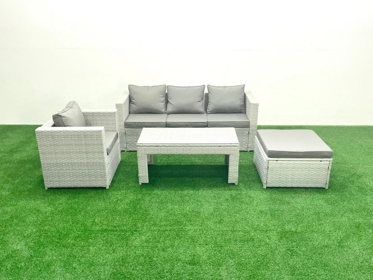 GARTENSET mit 3-SITZER SOFA,COUCHTISCH Polyrattan Hellgrau-Mix 5-Sitzer - Hellgrau/Grau, Glas/Kunststoff - Fimous