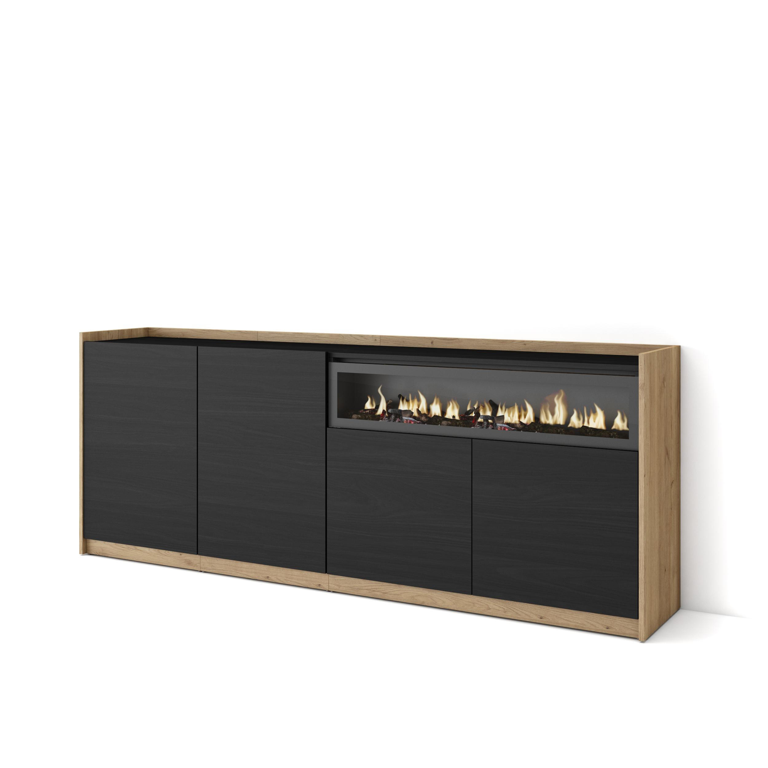 SIDEBOARD, Highboard, Schwarz Eiche, Elektrokamin, 207/37/80cm - Schwarz, Holzwerkstoff (207/80/37cm) - Skraut Home