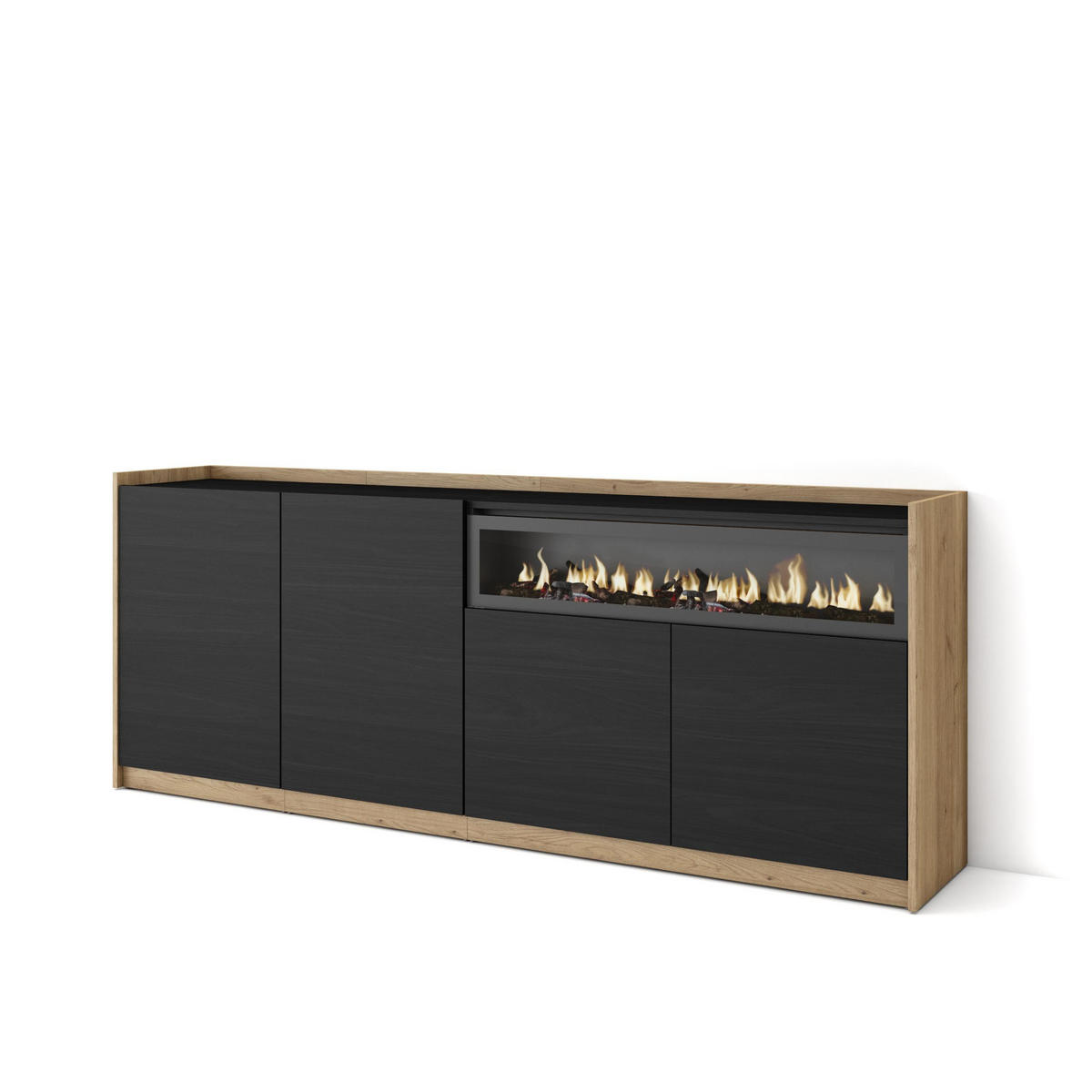 SIDEBOARD, Highboard, Schwarz Eiche, Elektrokamin, 207/37/80cm - Schwarz, Holzwerkstoff (207/80/37cm) - Skraut Home