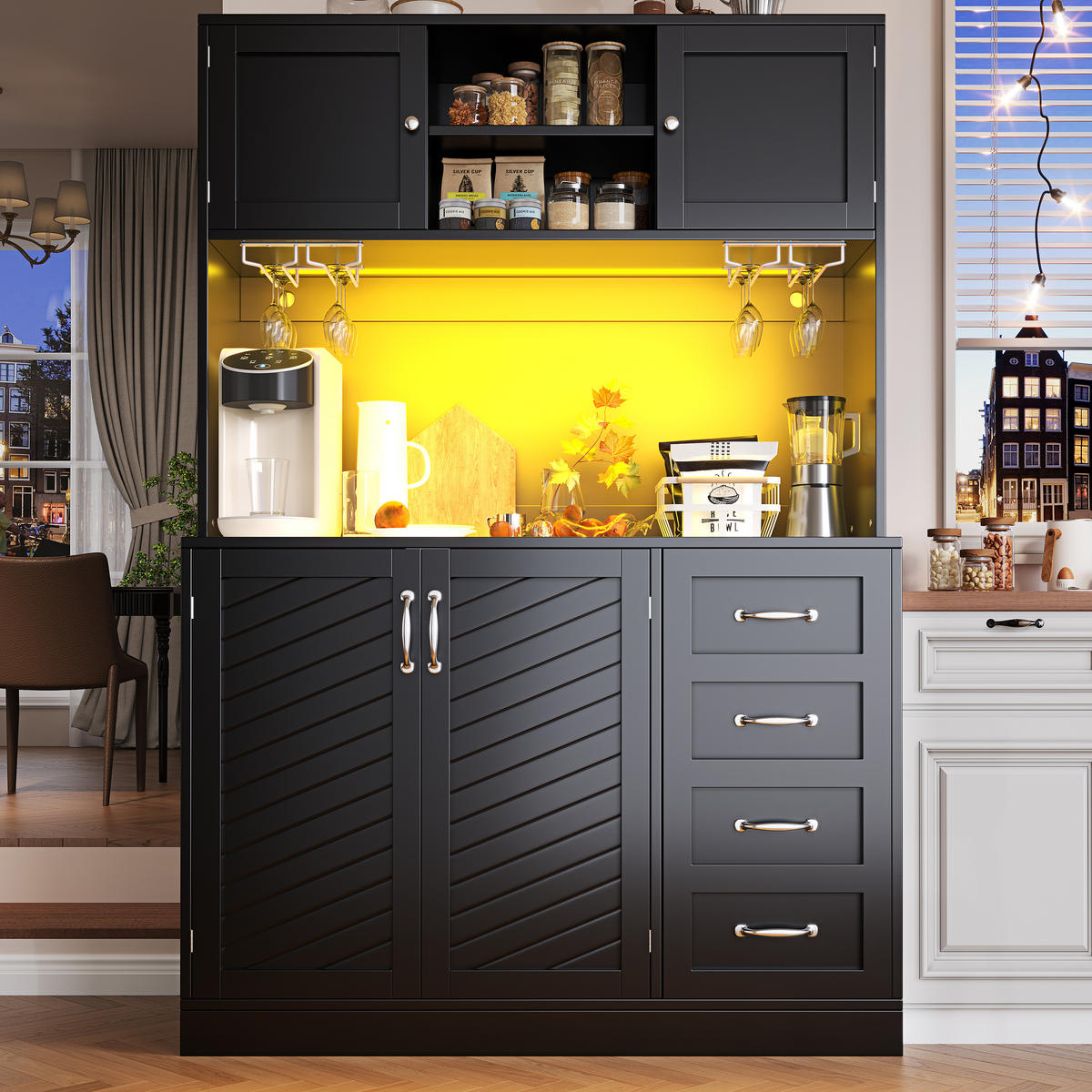 BUFFETSCHRANK 120/40/188 cm schwarz aus MDF mit LED-Beleuchtung - Schwarz, Holzwerkstoff (120/188/40cm) - OKWISH